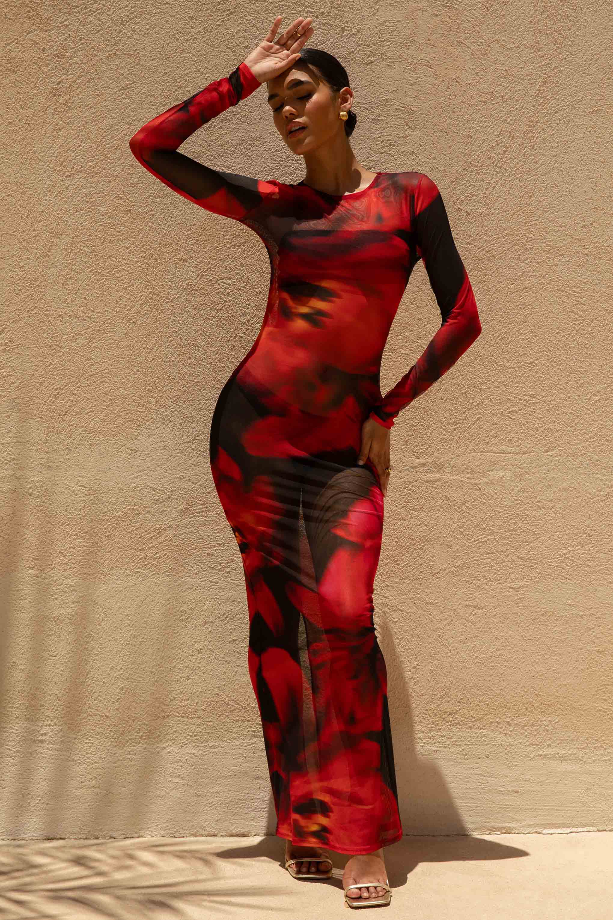 Marcy Red And Black Floral Print High Neck Maxi Dress