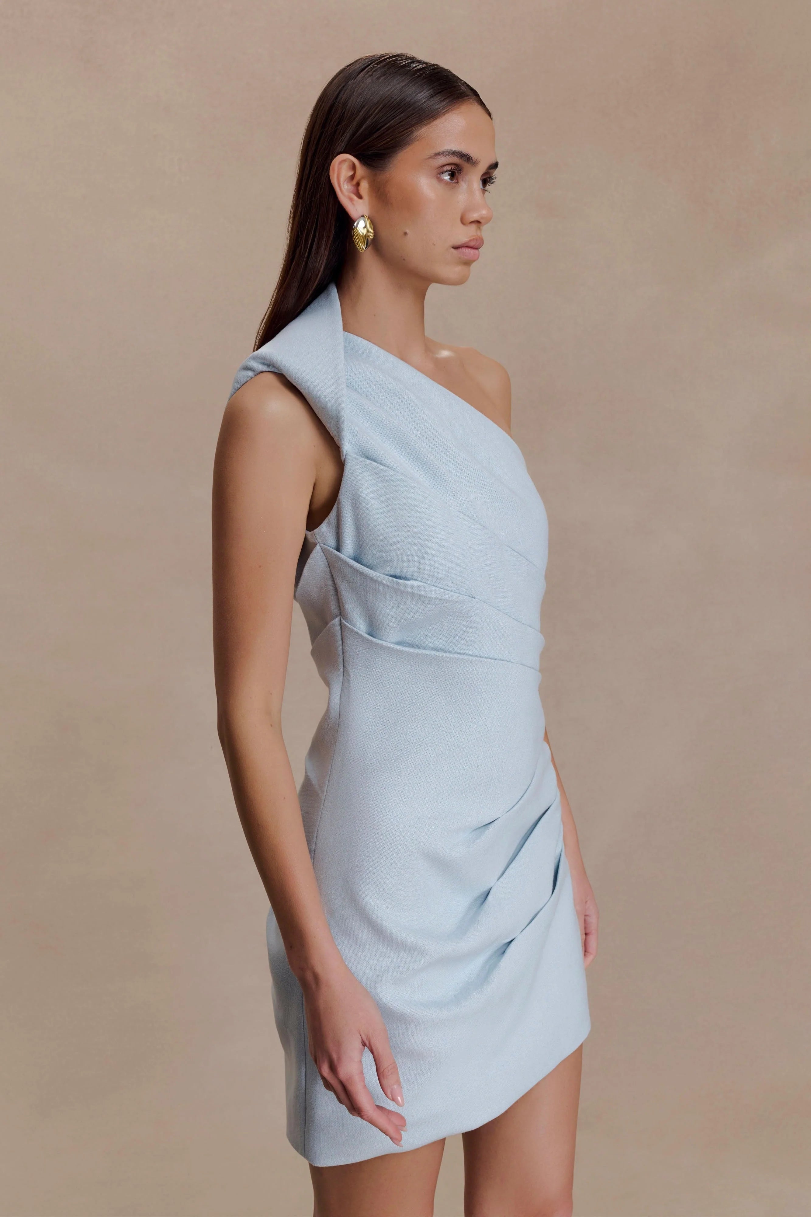 Helena One Shoulder Linen Mini Dress Powder Blue