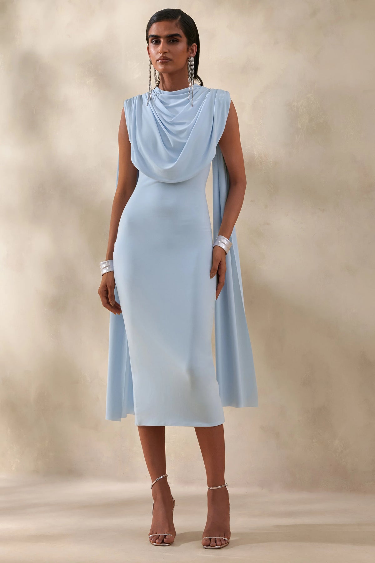 Lysandria Powder Blue High Neck Midi Dress With Draped Detailing