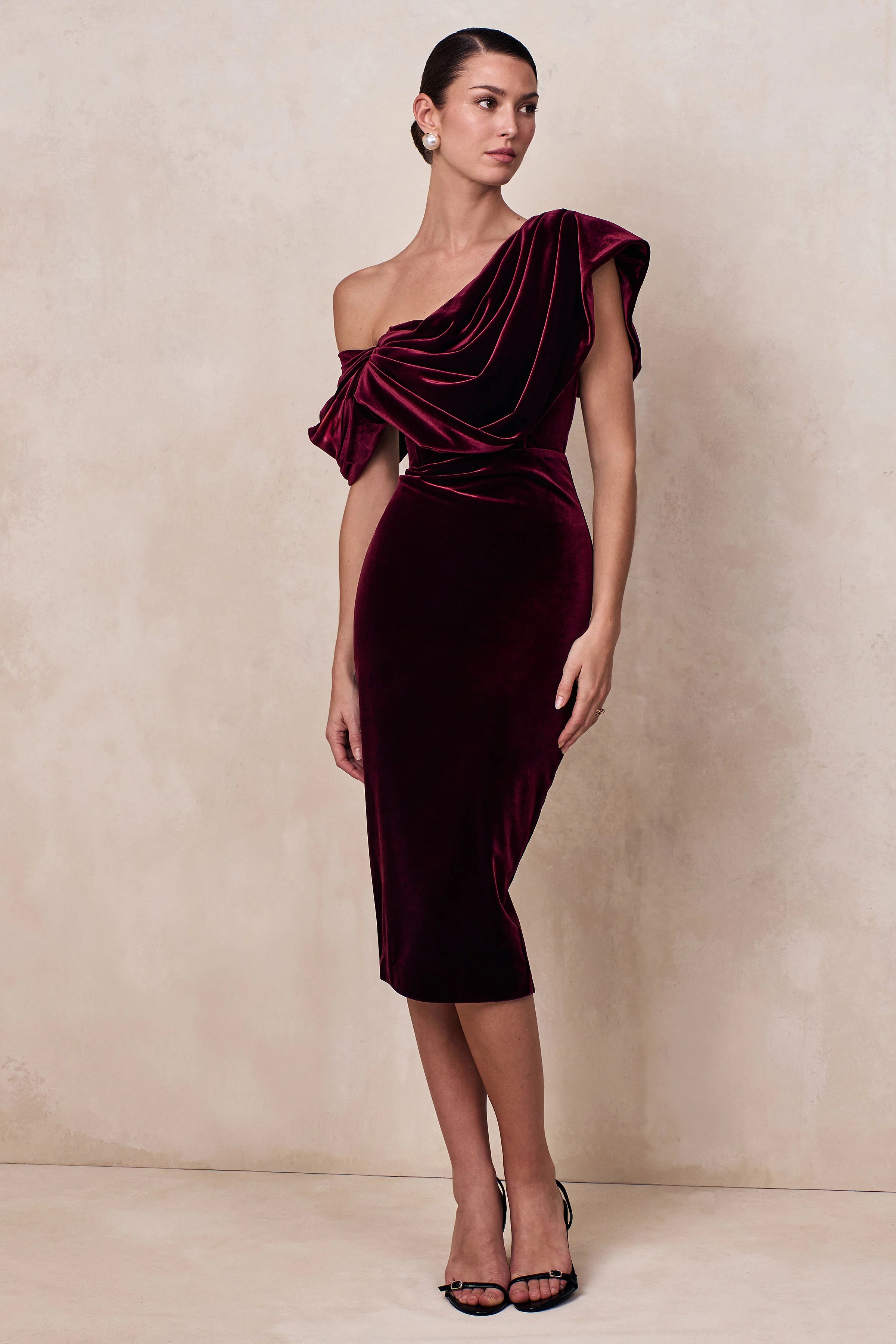 High End Burgundy Velvet Asymmetric Neck Midi Dress With Draped Detailing