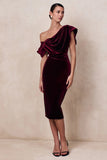 High End Burgundy Velvet Asymmetric Neck Midi Dress With Draped Detailing