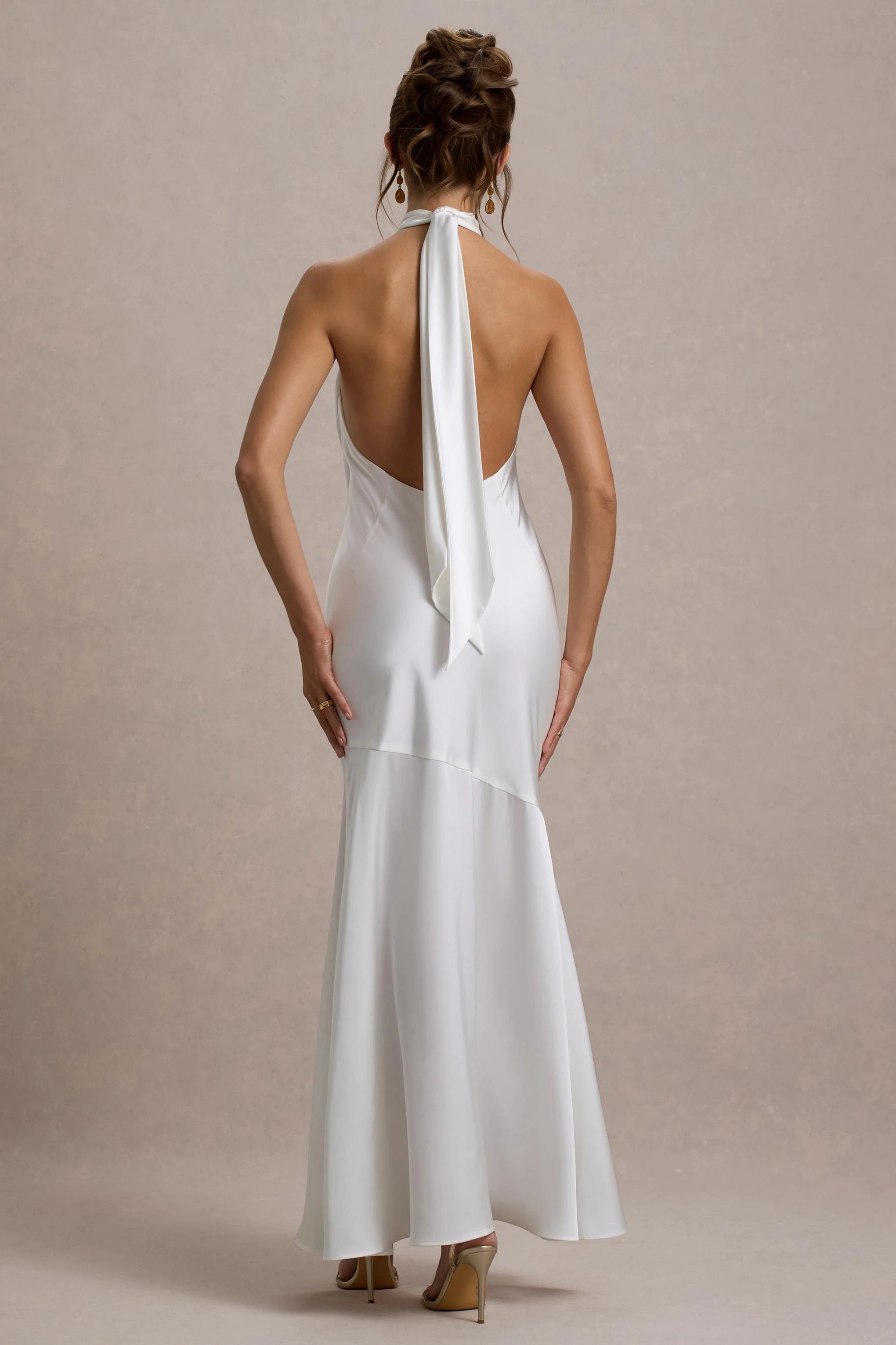 Knox White Satin Knot Halter Neck Maxi Dress
