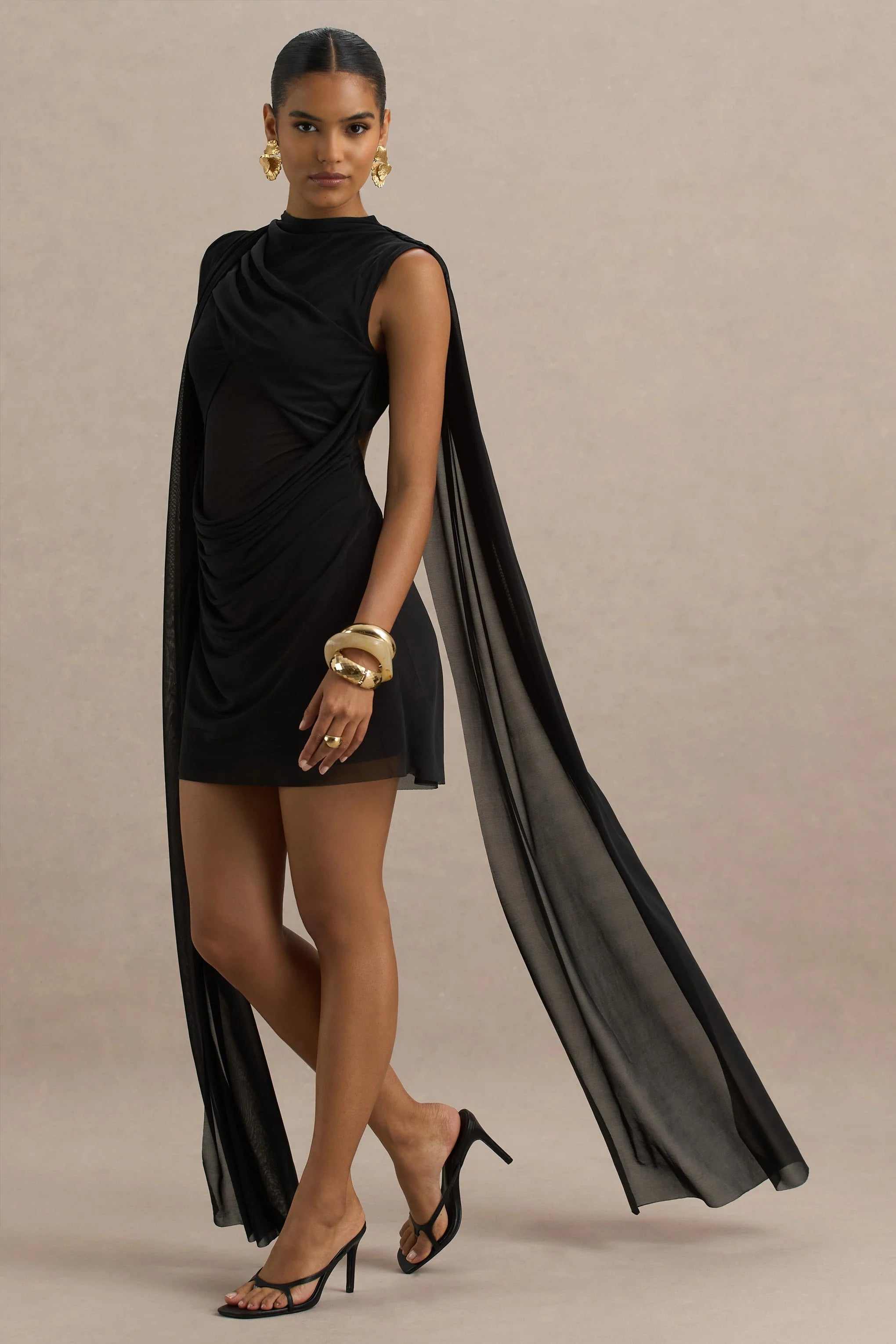 Riad Black Chiffon Mini Dress With Sheer Bodice Two Sleeve Cape