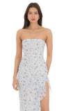 Strapless Floral Lace Ruffle Slit Dress in Pastel Blue