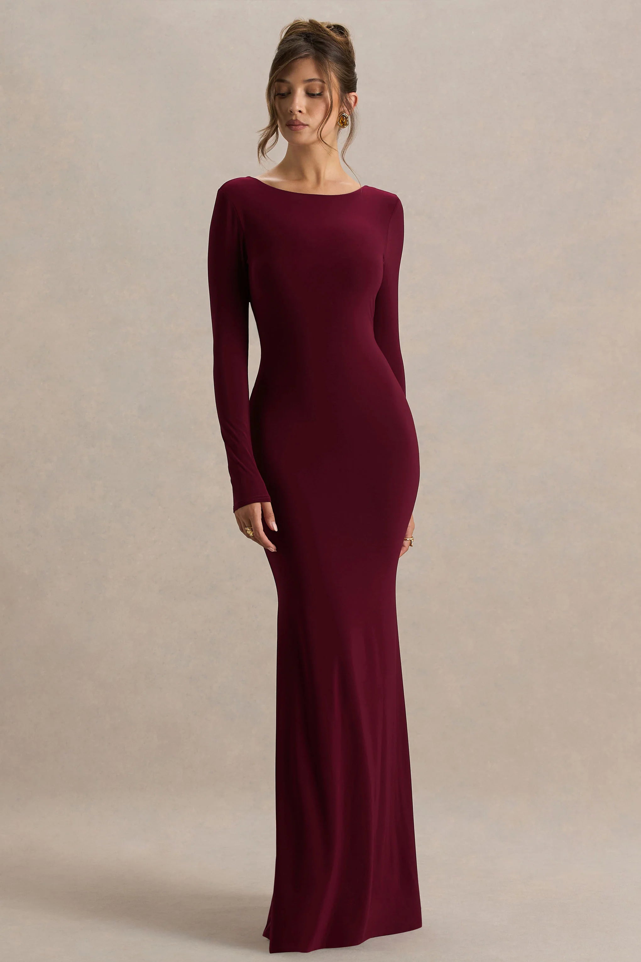 Estelle Burgundy Boat Neck Maxi Dress With Open Back And Lace Detail