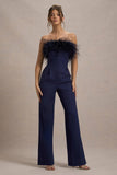 First Class Navy Bandeau Feather Wide Leg Jumpsuit
