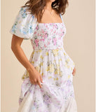 Women Floral Maxi Dress Smocked Puff Sleeve Square Neck Lace Patchwork Tiered Boho Long Dress Vacation Garden Party
