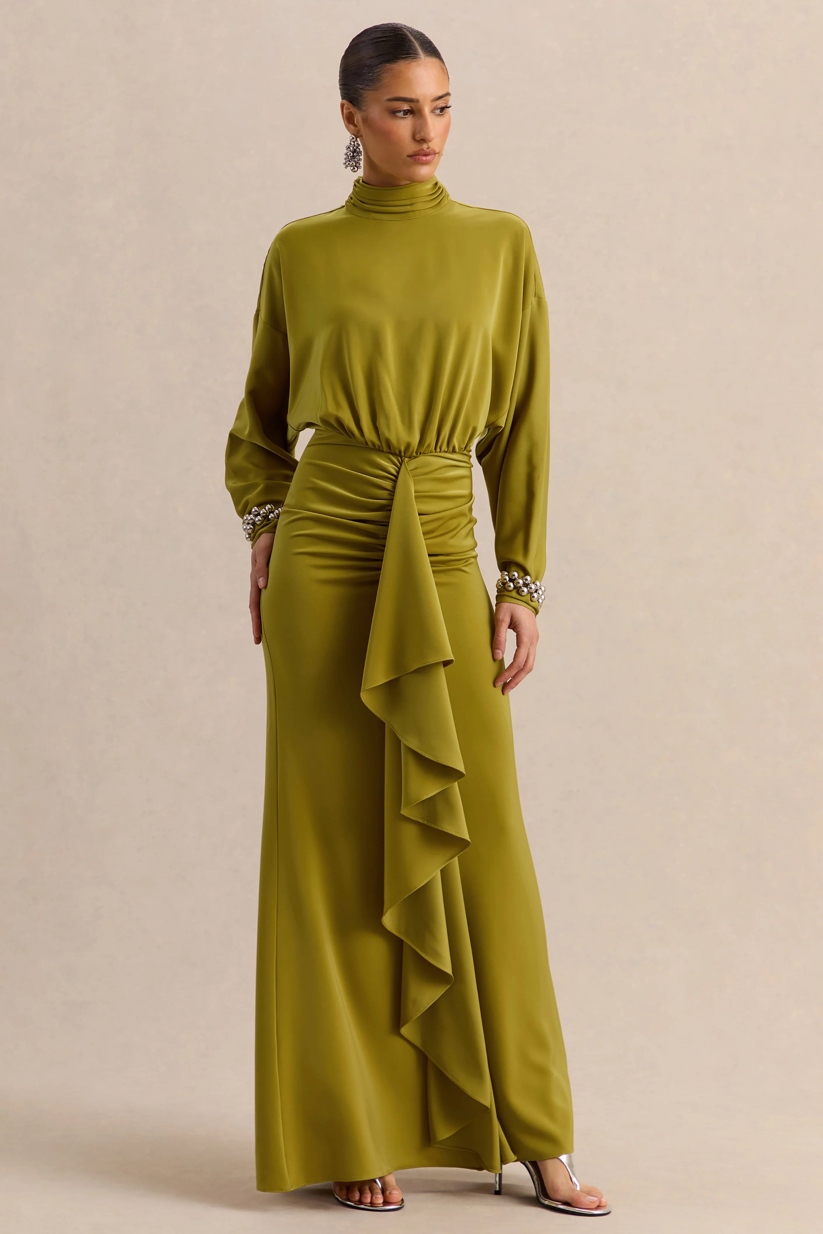 Perla Olive High Neck Maxi Dress With Gathered Detailing