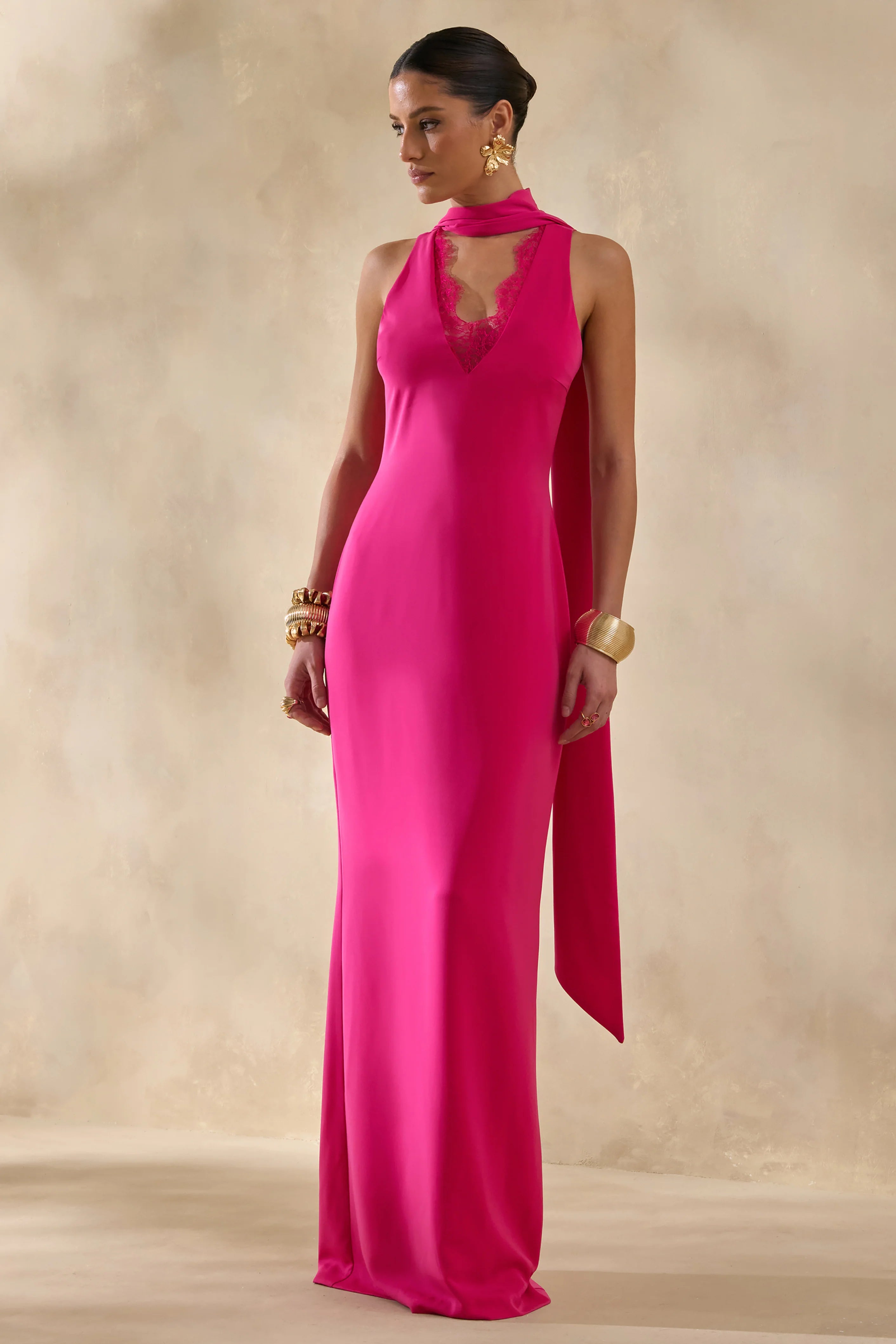 True Icon Hot Pink Satin High Neck Maxi Slip Dress With Sash