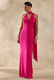 True Icon Hot Pink Satin High Neck Maxi Slip Dress With Sash