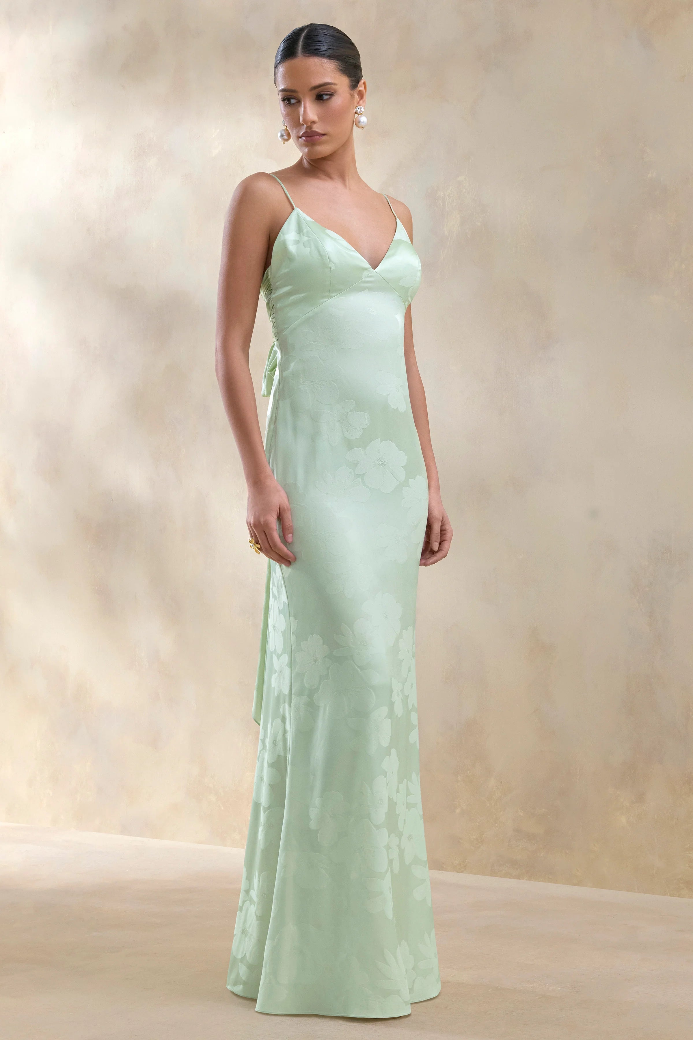 Carelle Green Satin Plunge Neck Maxi Dress With Asymmetric Drop Waist