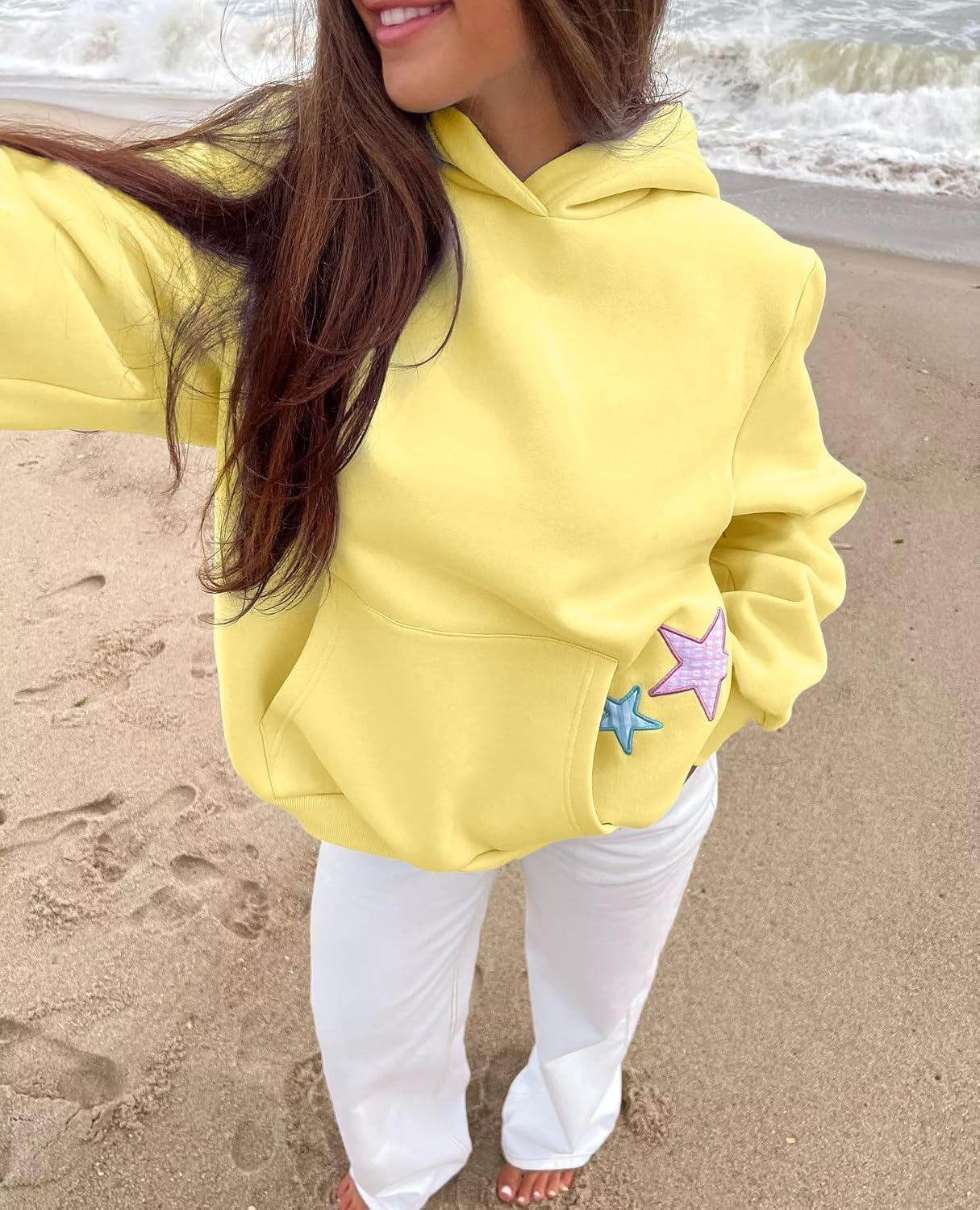 Women Cute Hoodies Oversized Y2k Star Patch Fleece Sweatshirt Pastel Hoodie for Teen Girls