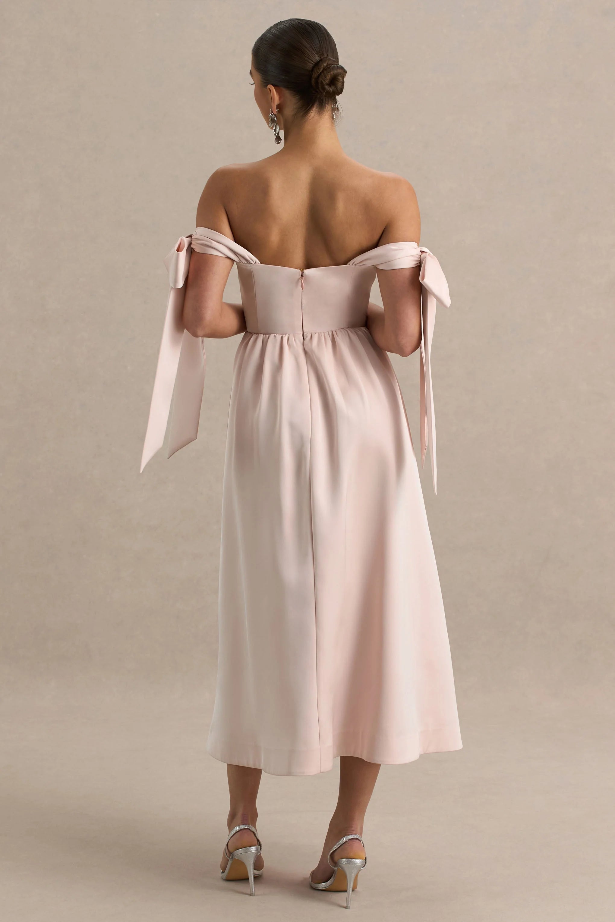 Agafay Rose Pink Satin Short Sleeve Bardot Wrap Midi Dress With Bow Detail
