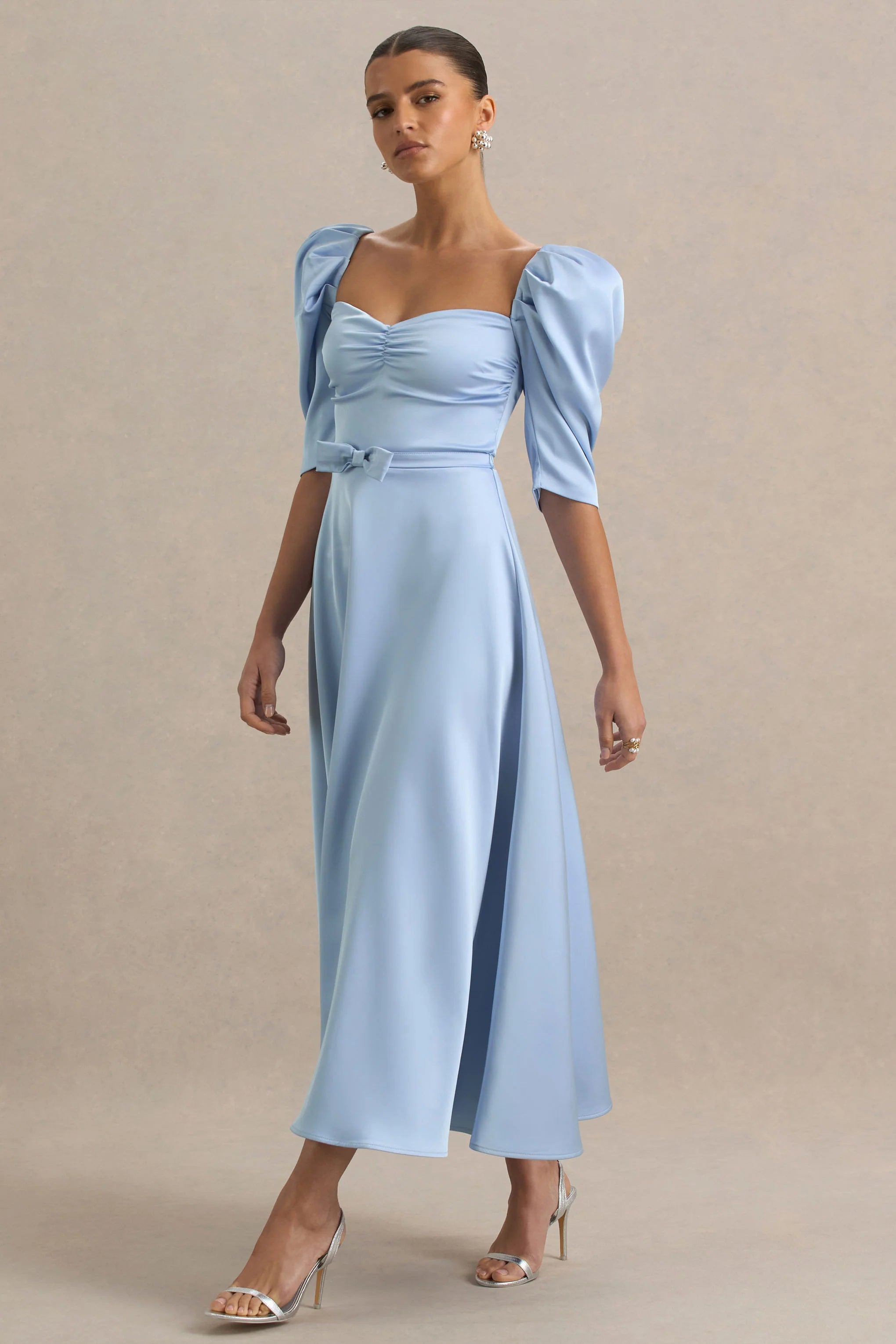 Rosey Powder Blue Satin Sweetheart Midi Dress