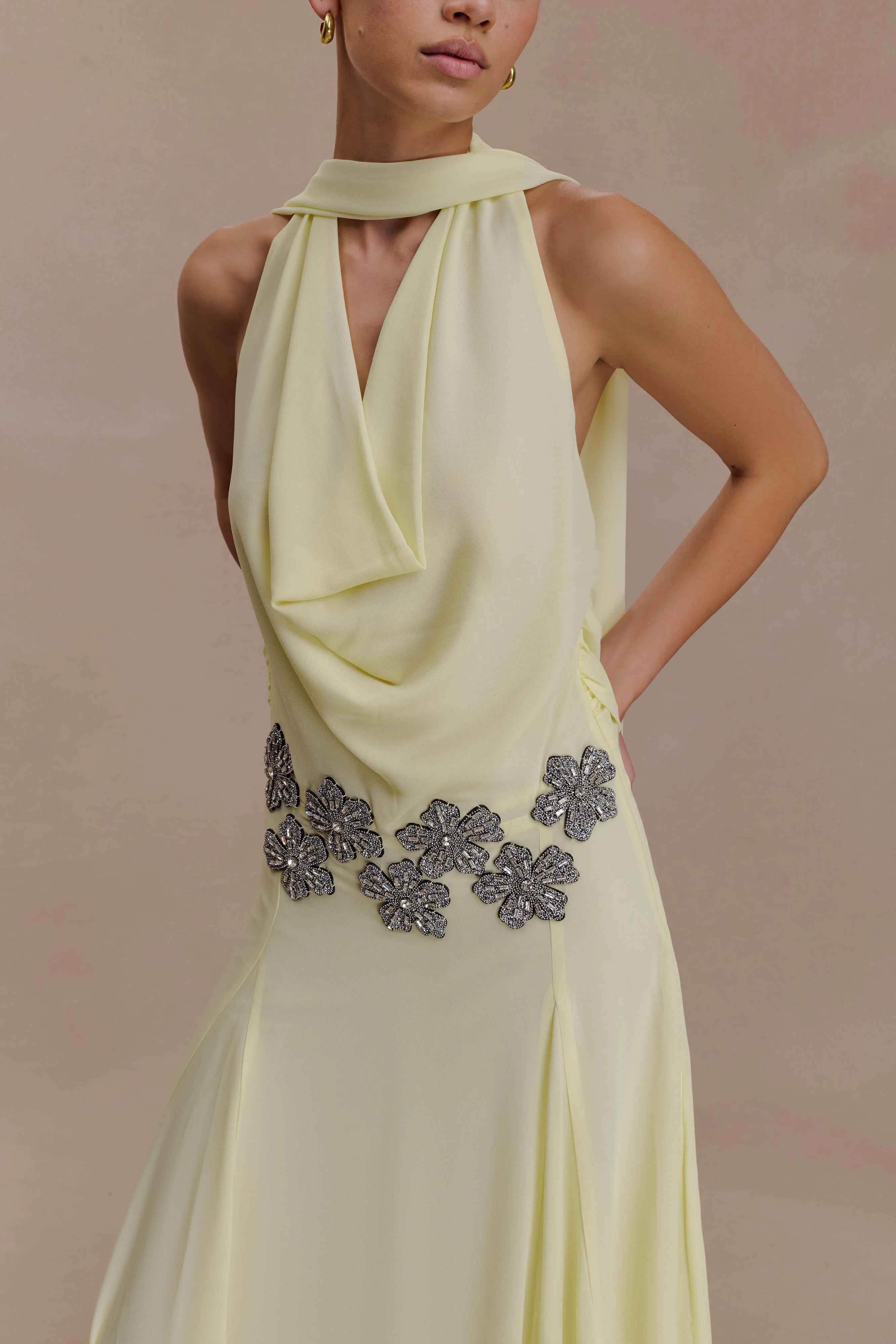 Santal Floral Chiffon Halter Maxi Dress Lemon