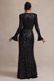 Wild Dream Black Sequin Plunge Neck Ruffle Split Maxi Dress