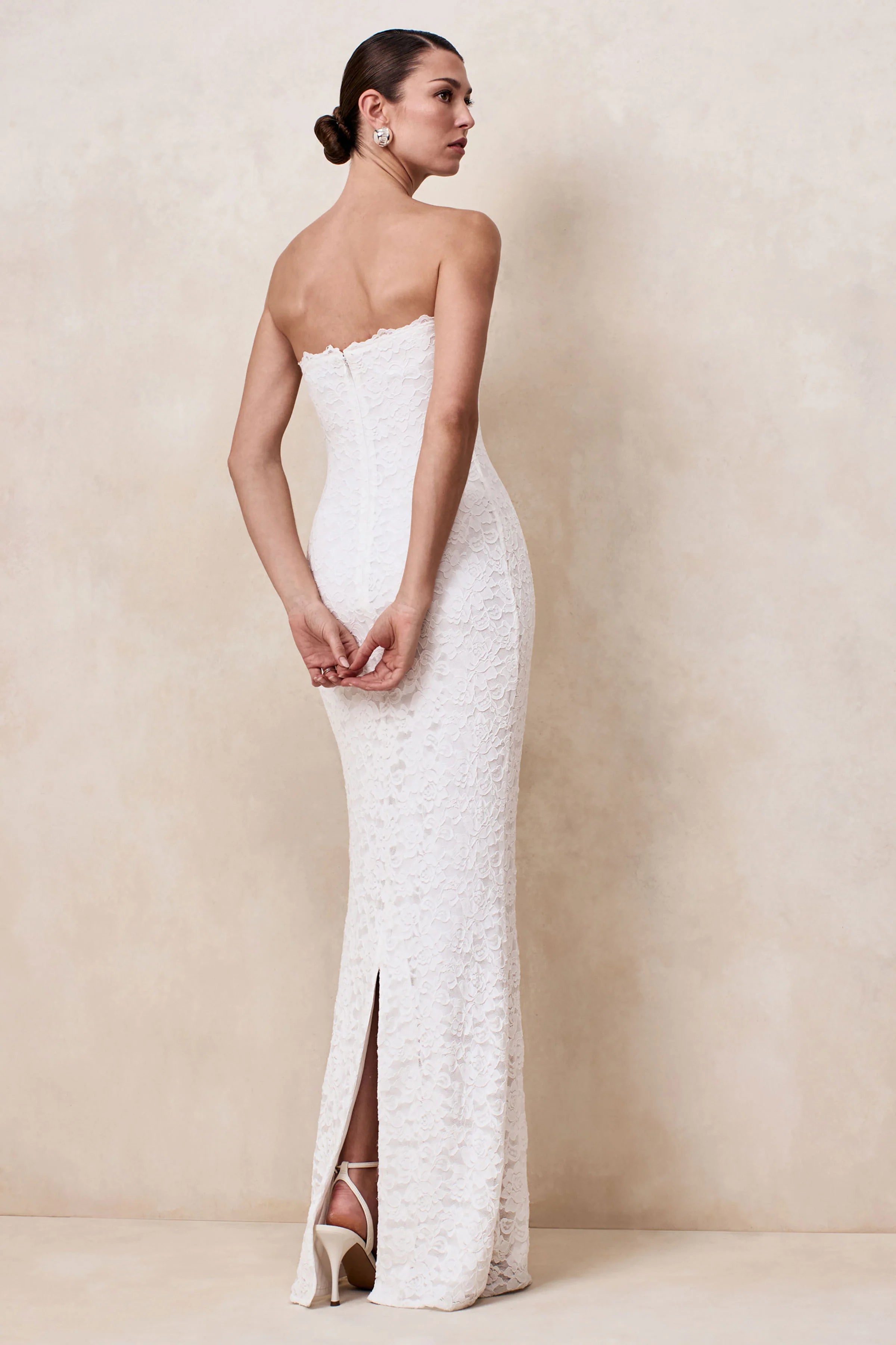 Massima White Lace Bandeau Maxi Dress With Scarf Detail