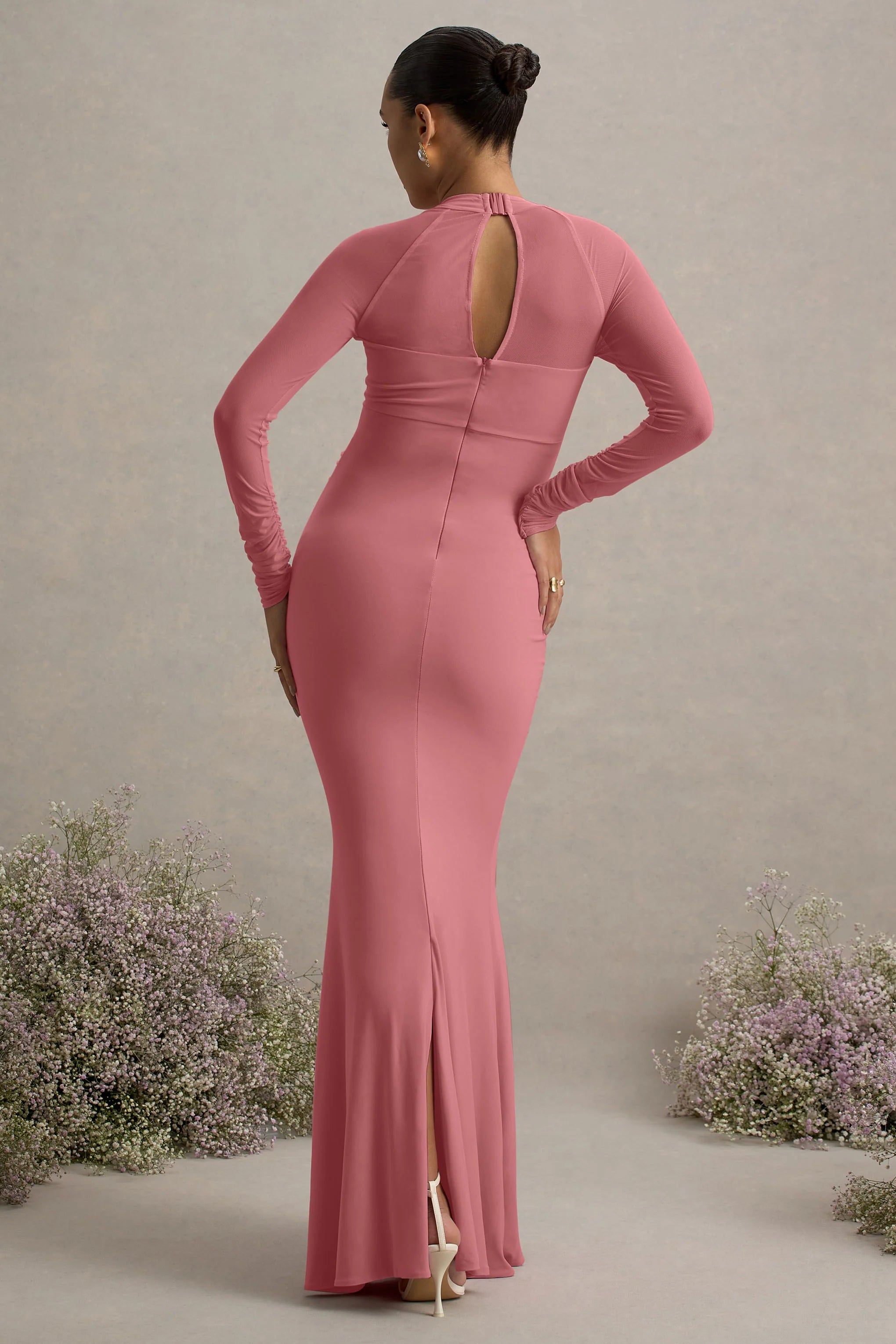 Abeam Blush Pink Maternity Maxi Dress With Sheer Sleeves