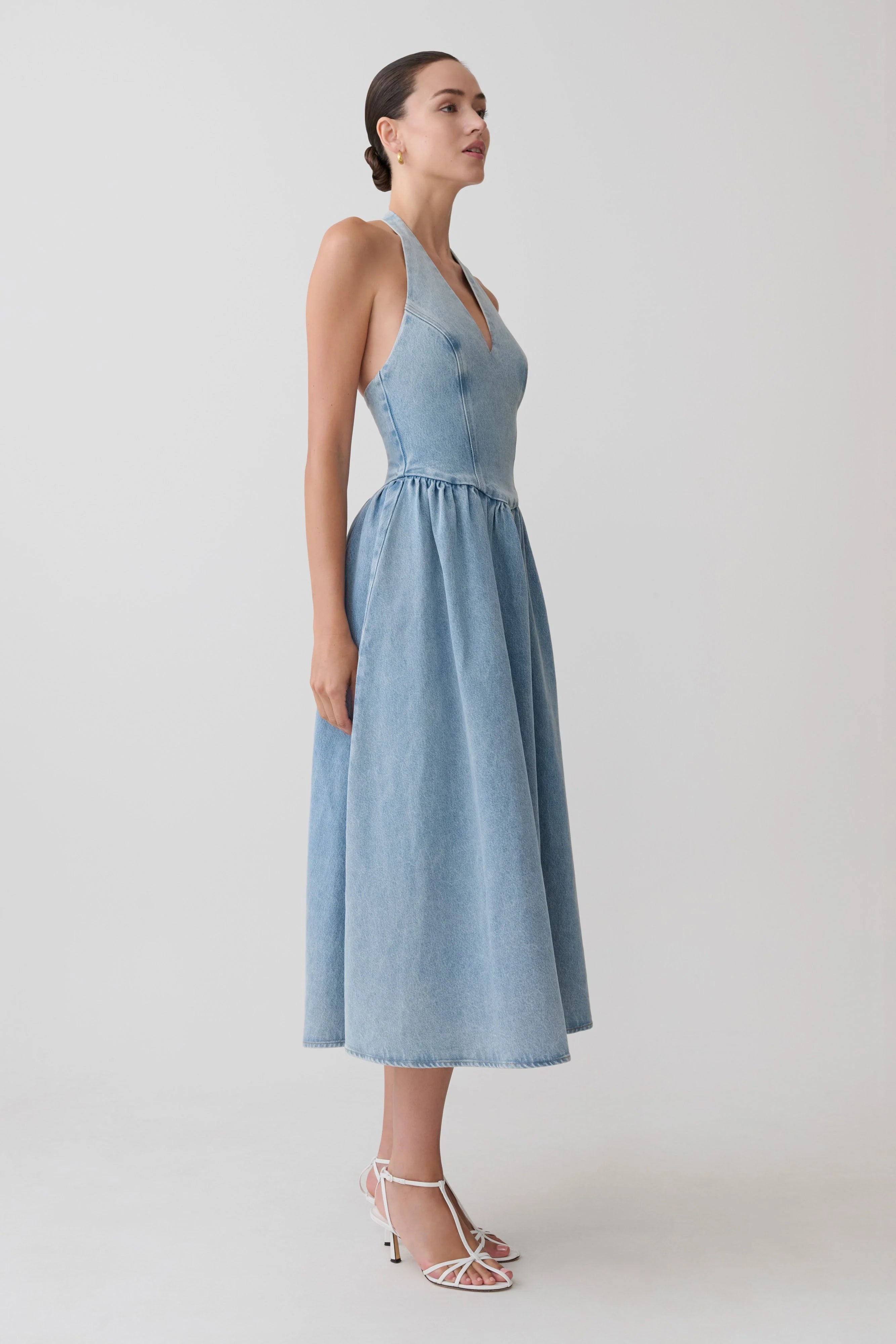 Miller Denim Halter Midi Dress Classic Blue