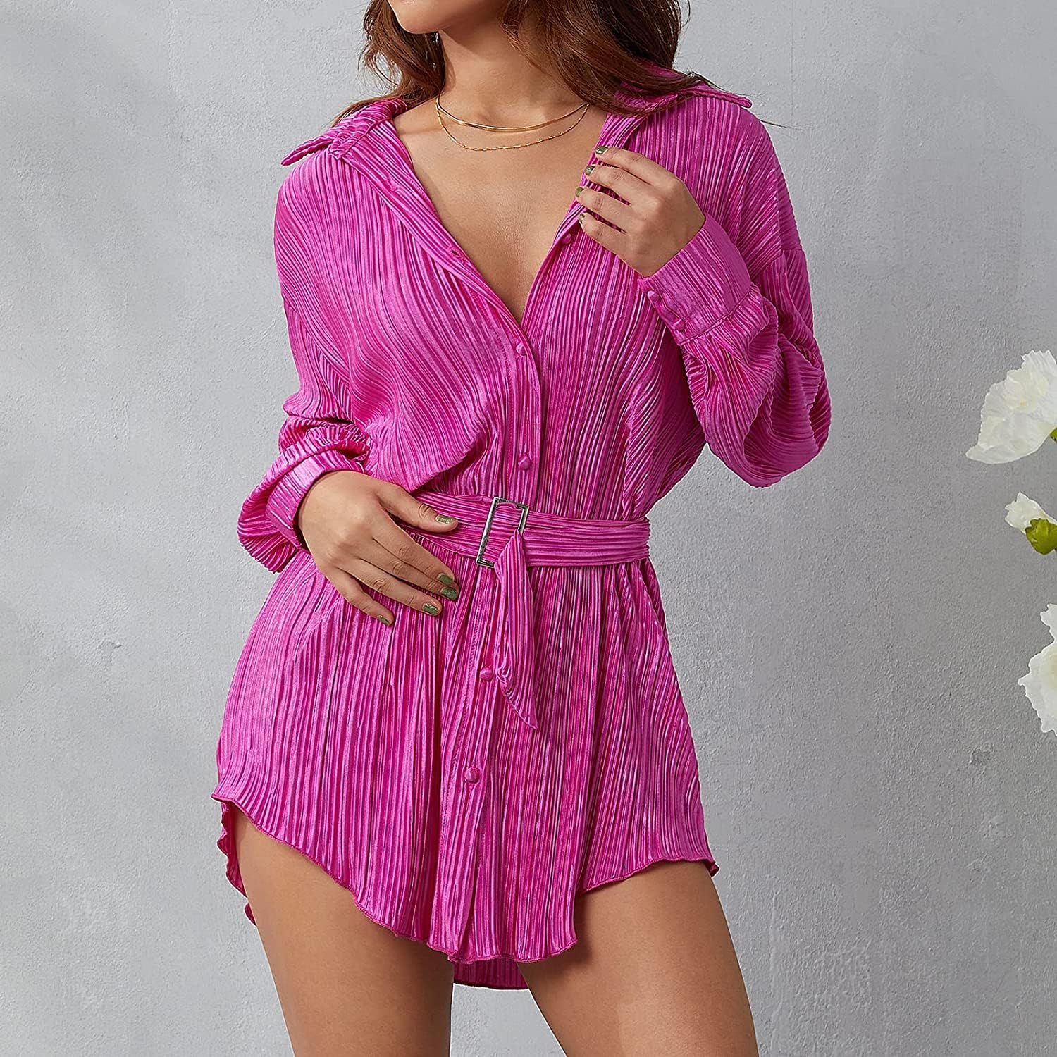 Women Shirt Dresses Long Sleeve Pleated Mini Dress Casual Button Down Tunic Tops with Belt Vintage Streetwear