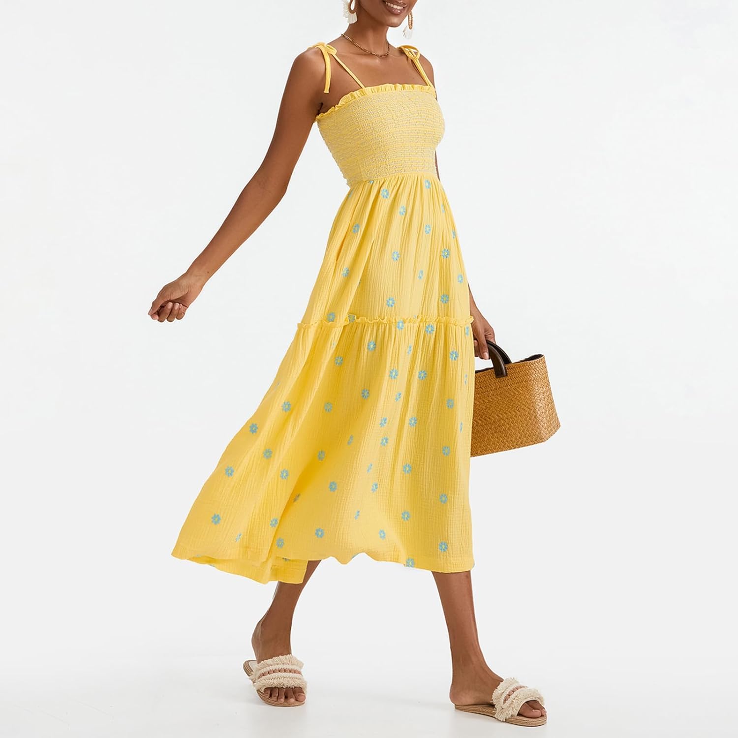 Women Floral Embroidered Maxi Dress Sleeveless Tie Shoulder Smocked Flowy Dress Boho Summer Sundresses with Pockets