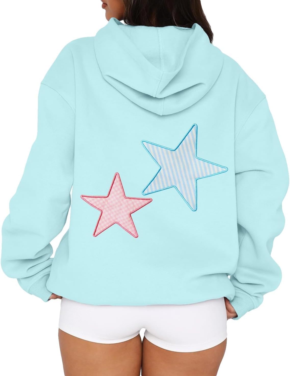 Women Cute Hoodies Oversized Y2k Star Patch Fleece Sweatshirt Pastel Hoodie for Teen Girls