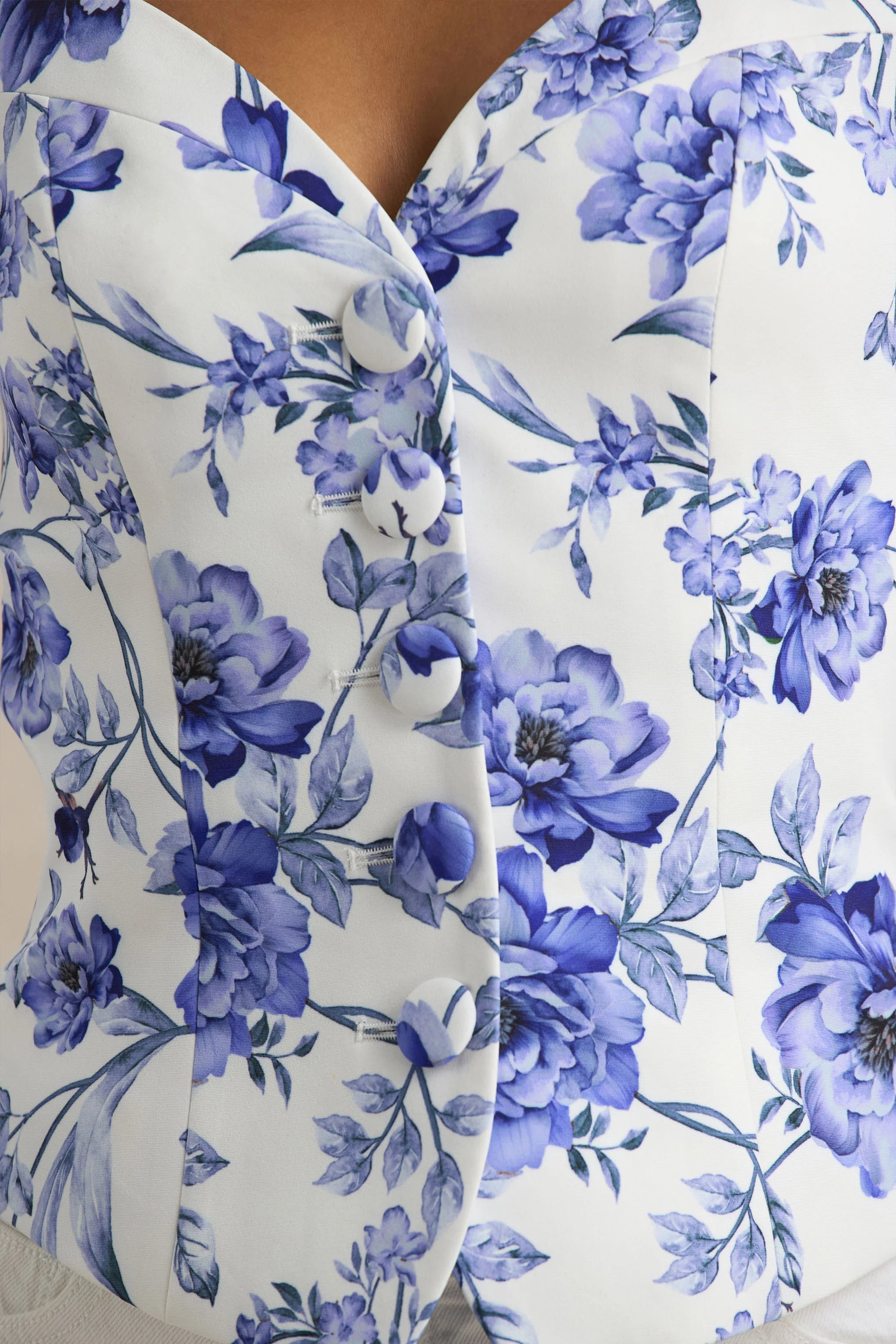 Olympia Blue Floral Print Sweetheart Neck Tailored Top