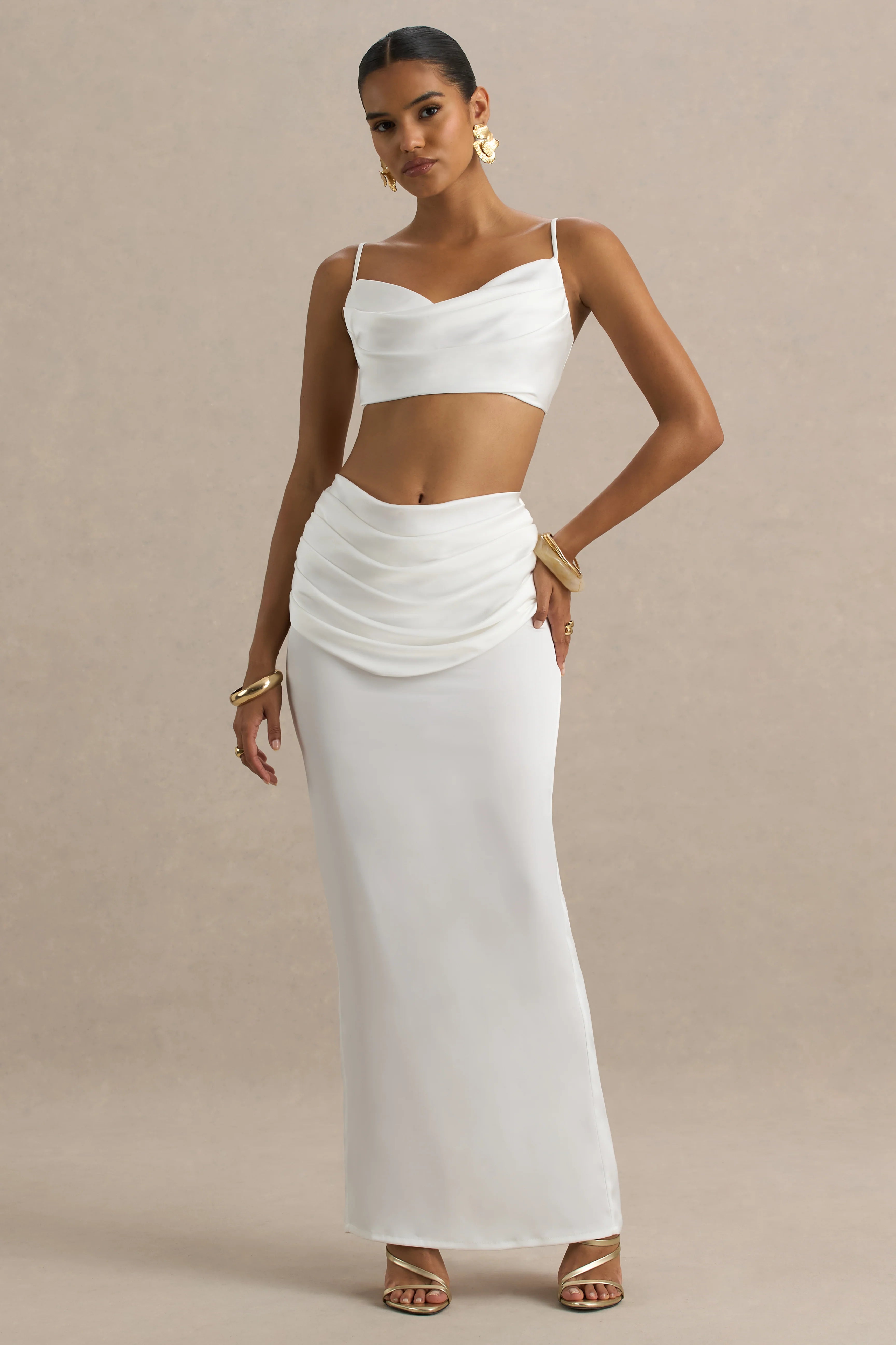 Una White Ruched Cowl Neck Crop Top