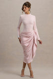 Raffie Pink Long Sleeve Midi Dress With Satin Wrap Skirt