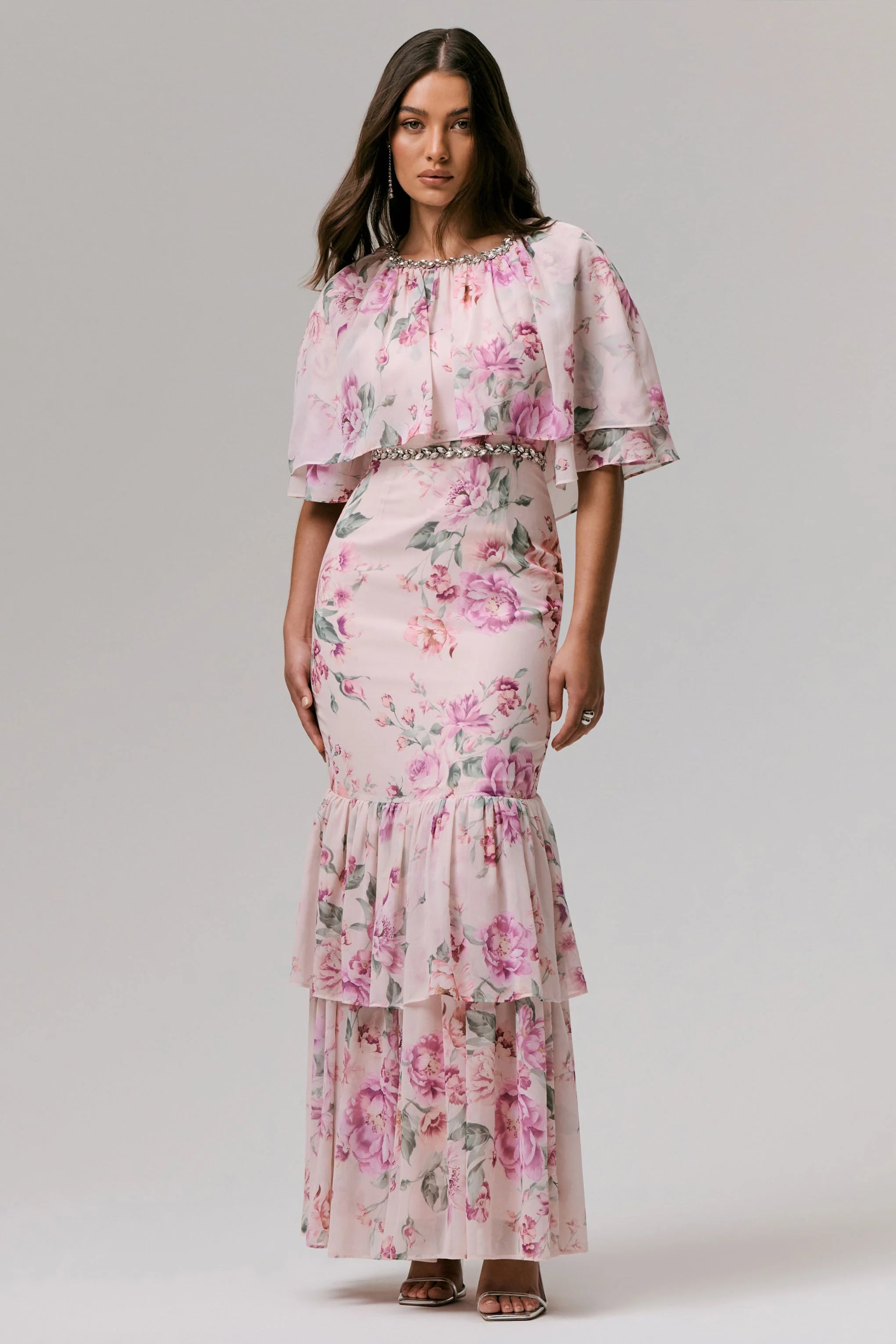Never Let Go Pink Floral Print Chiffon Maxi Dress With Tiered Hem
