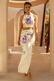 Stassi Lilac Floral Placement Print Ruched Split Maxi Skirt