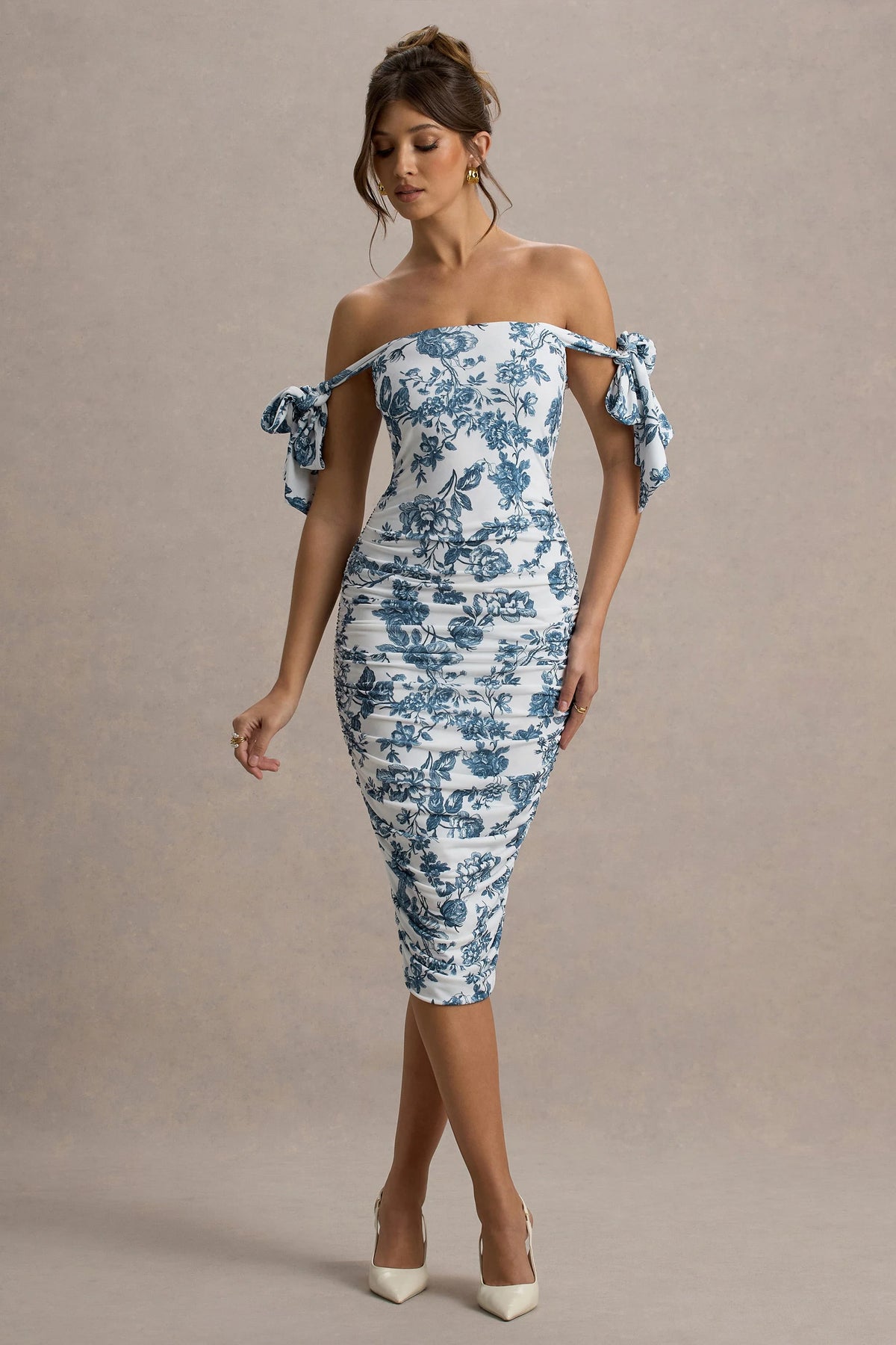 Citrus Blue Porcelain Print Bardot Bodycon Midi Dress With Bow Sleeves