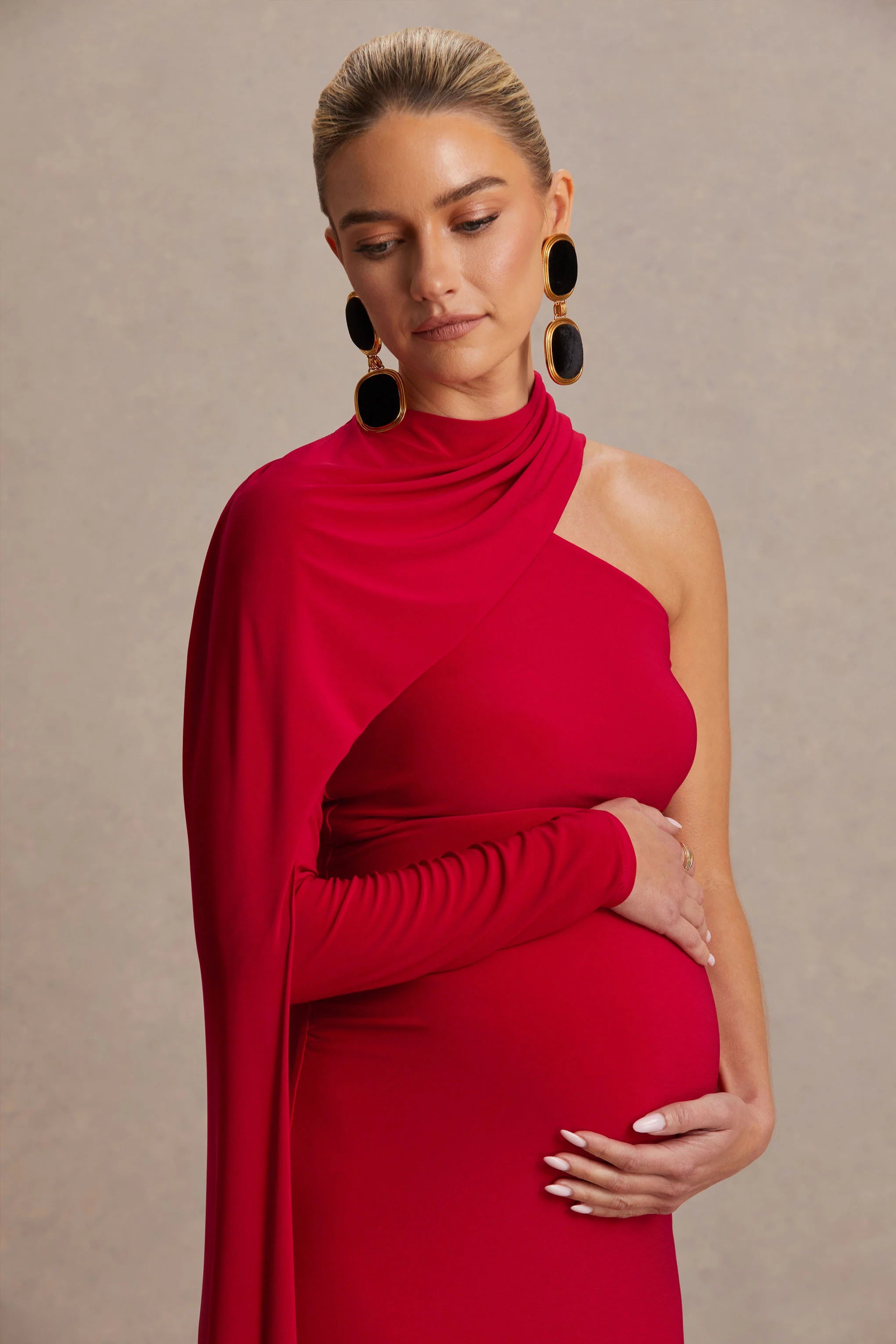 Tessy Red Asymmetric Neck Maternity Maxi Dress With Cape Sleeve