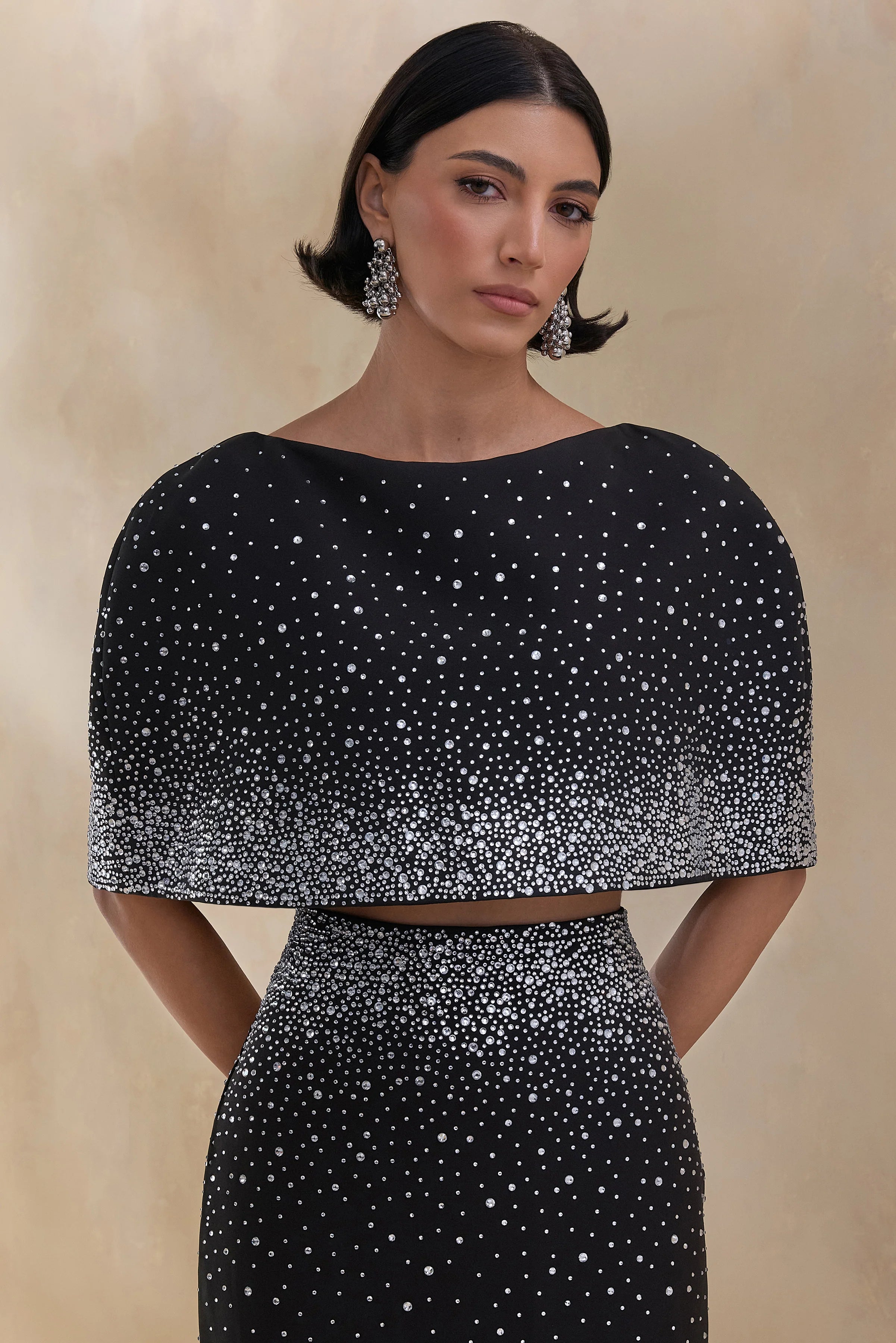 Luxy Black Embellished Boat Neck Crop Top With Cape Sleeves