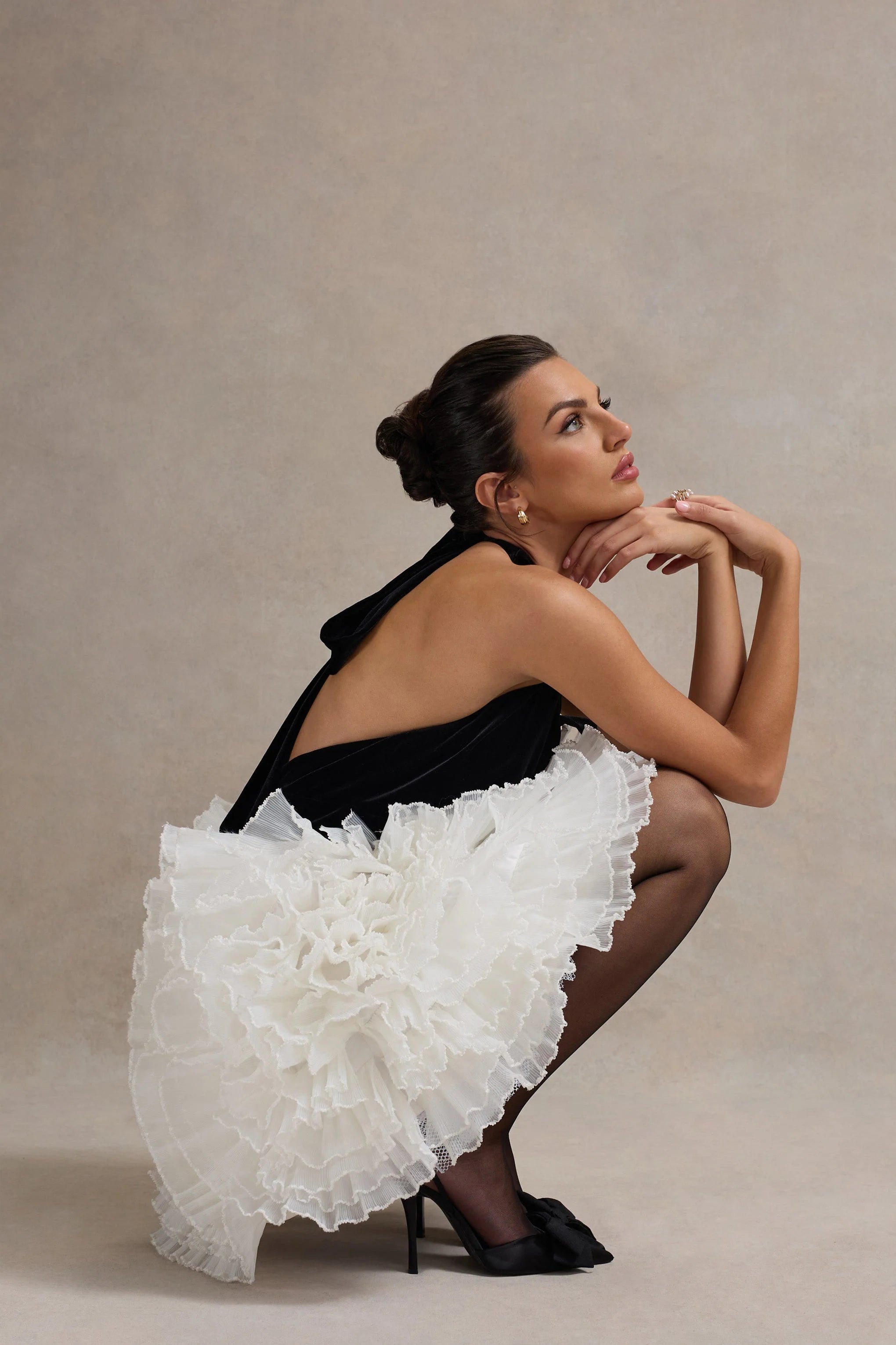 Meringue Black Velvet Plunge Neck Mini Dress With Tulle Skirt