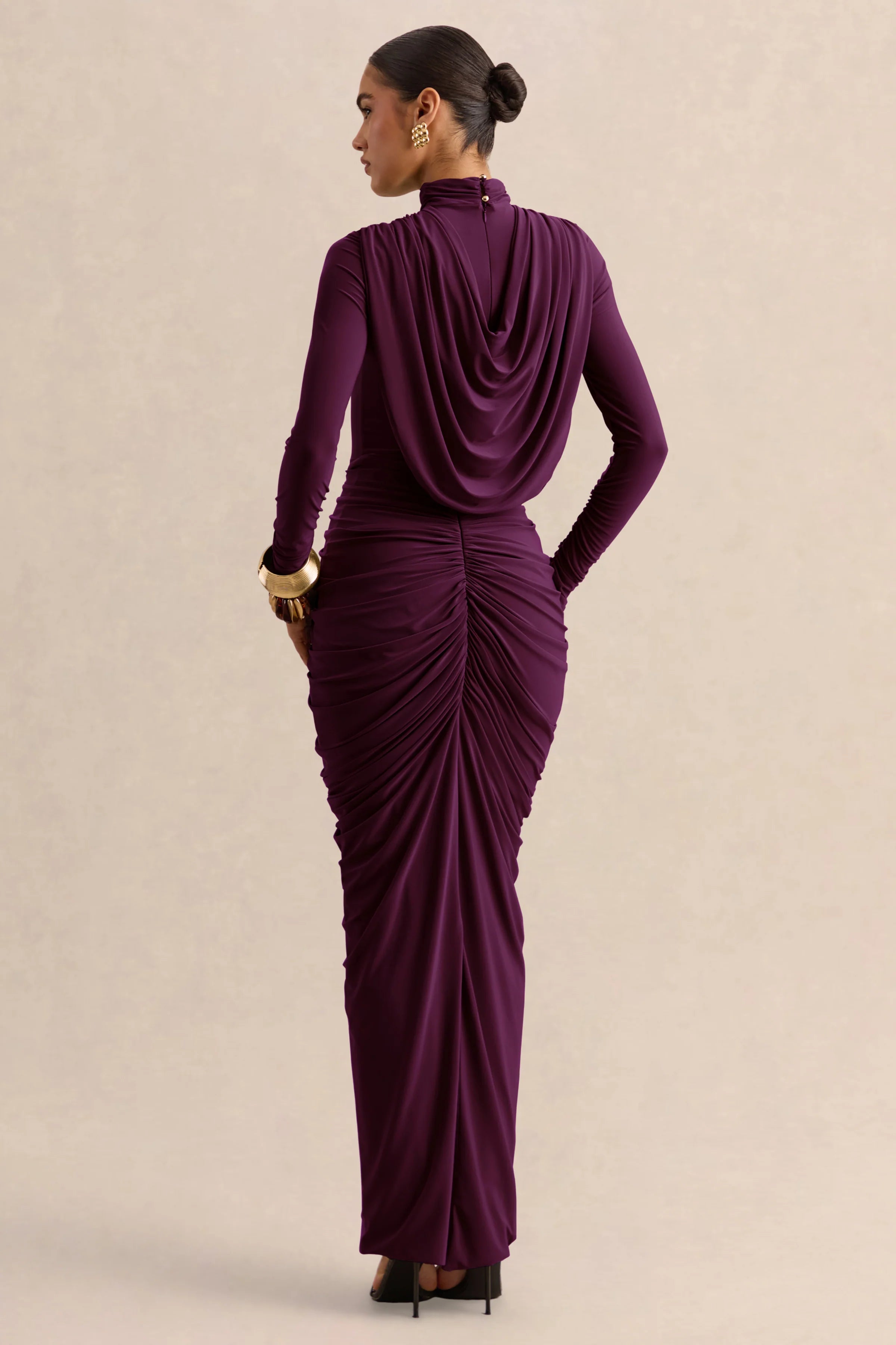 Harmona Dark Plum High Neck Maxi Dress With Gathered And Draped Detailing