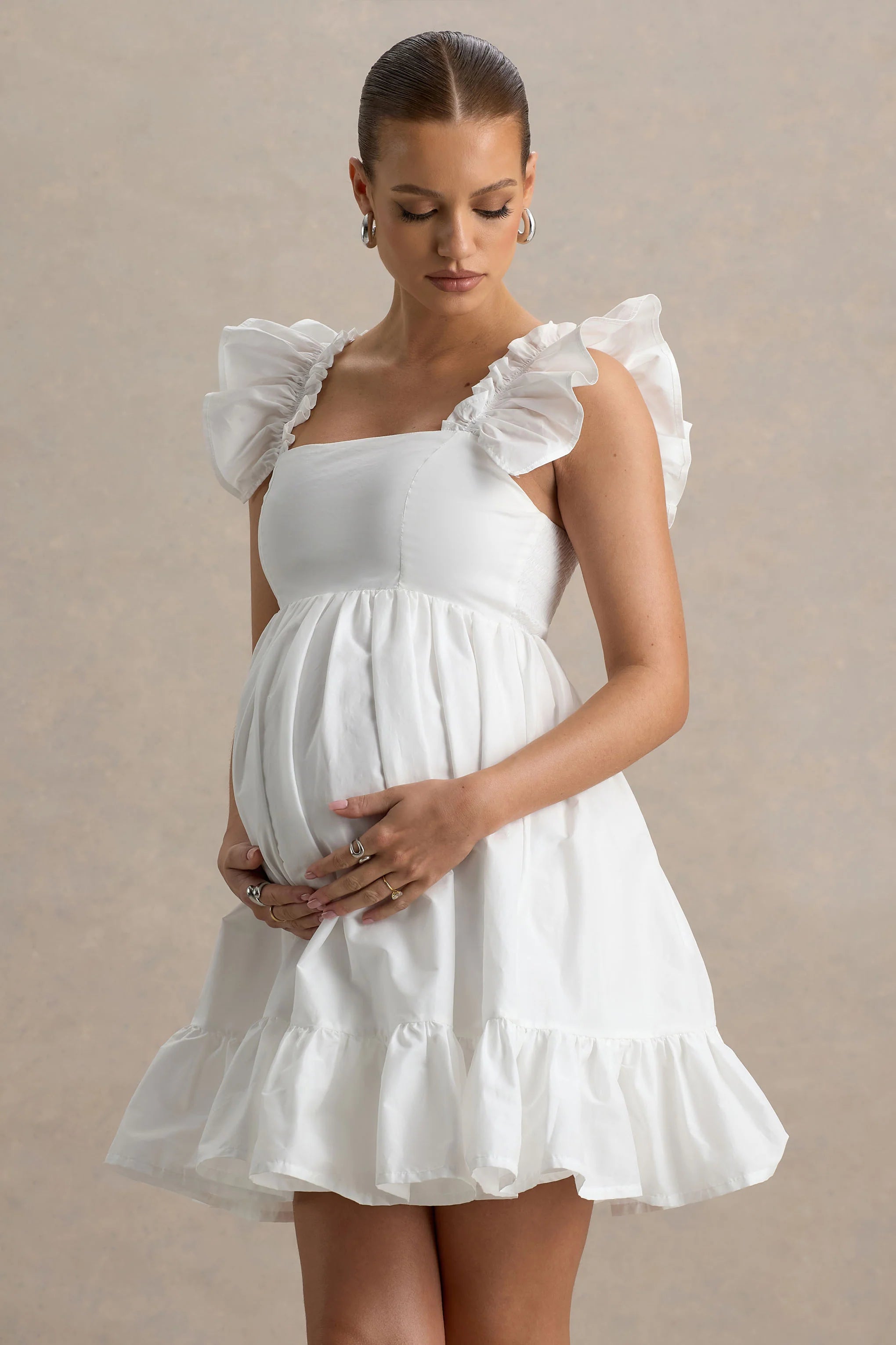 Dolly Daze White Ruffle Sleeve Babydoll Maternity Mini Dress