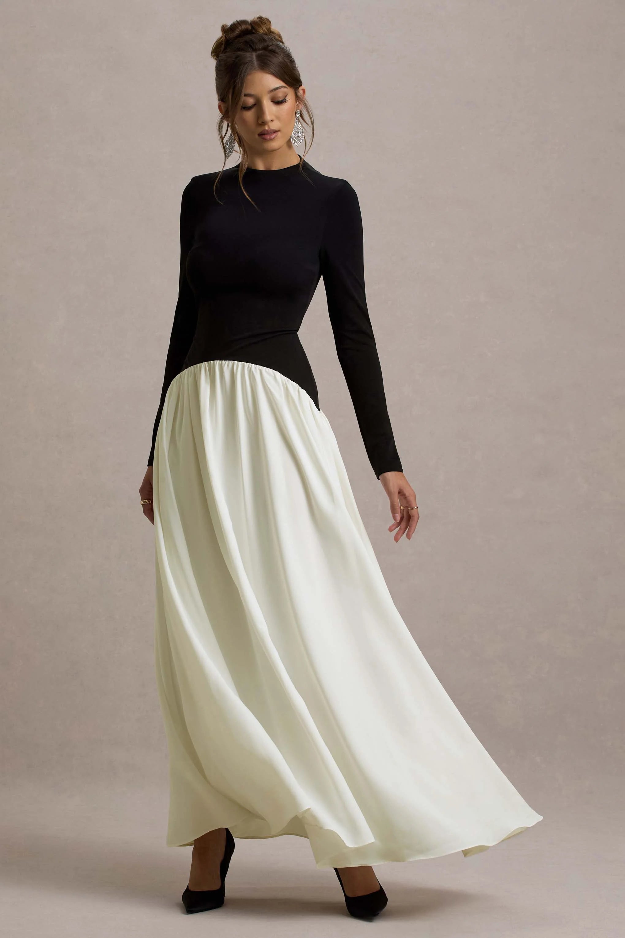 Benedetta Black Cream Long Sleeve Drop Waist Maxi Dress