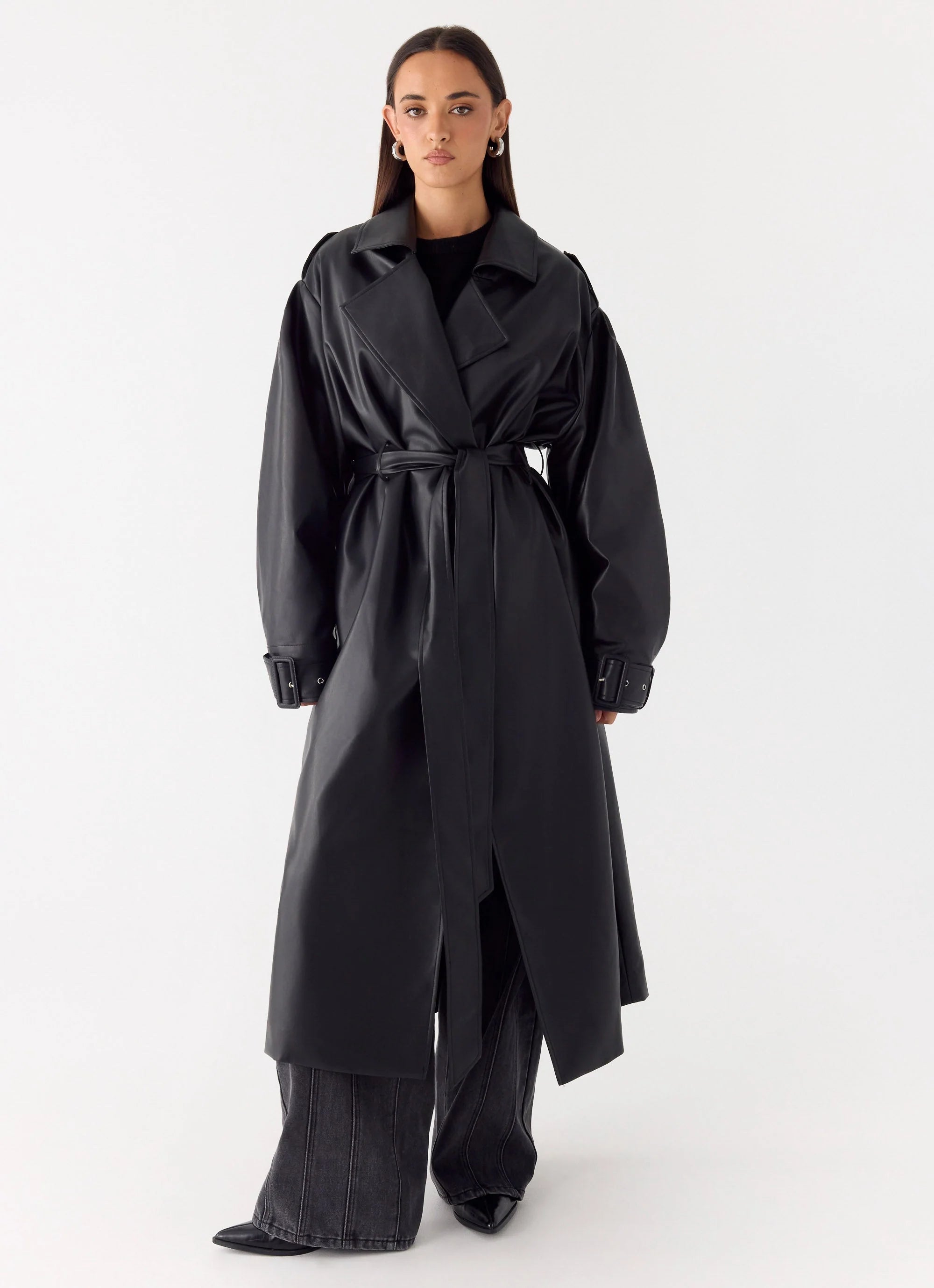 Out On The Town Faux Leather Midi Trench Black