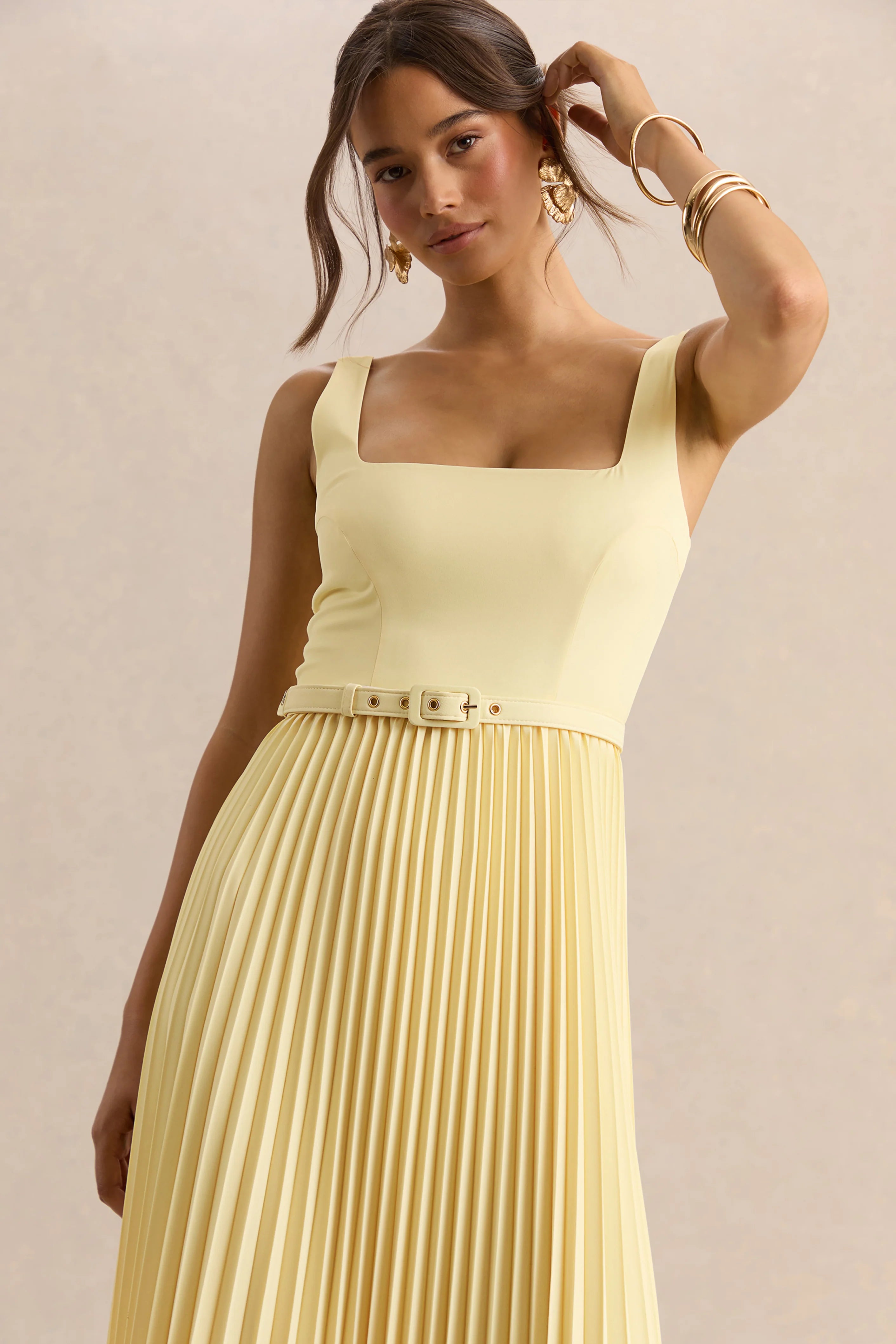 Danika Lemon Square Neck Belted Maxi Dress With Pleated Skirt