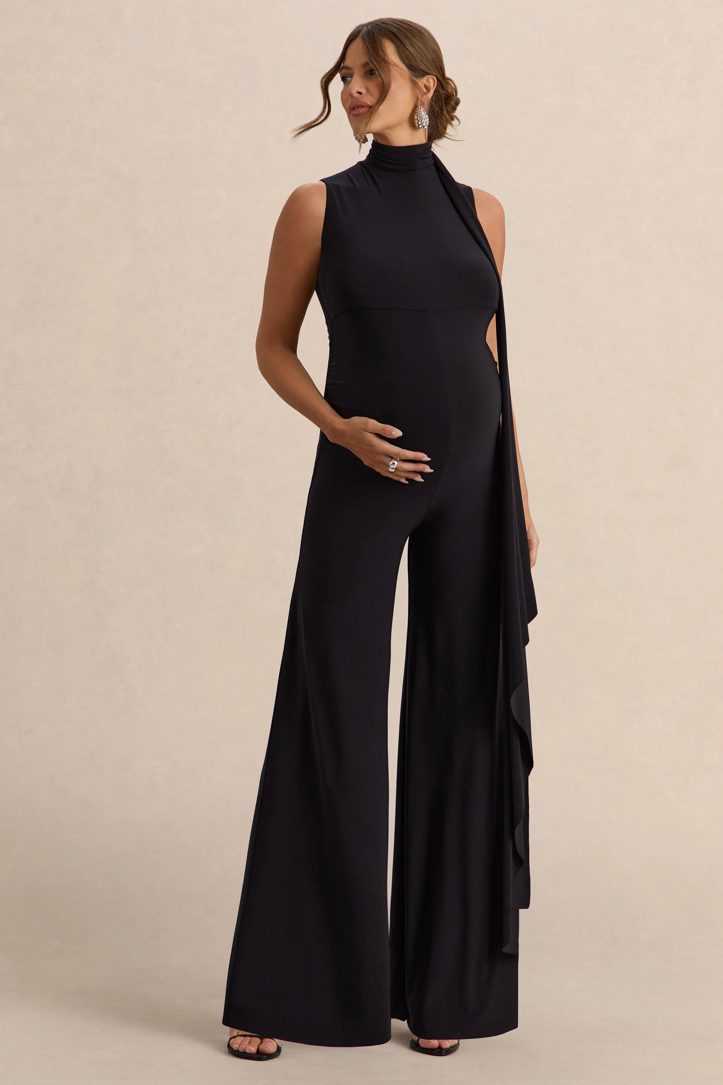 Renza Black High Neck Maternity Jumpsuit With Scarf Detail