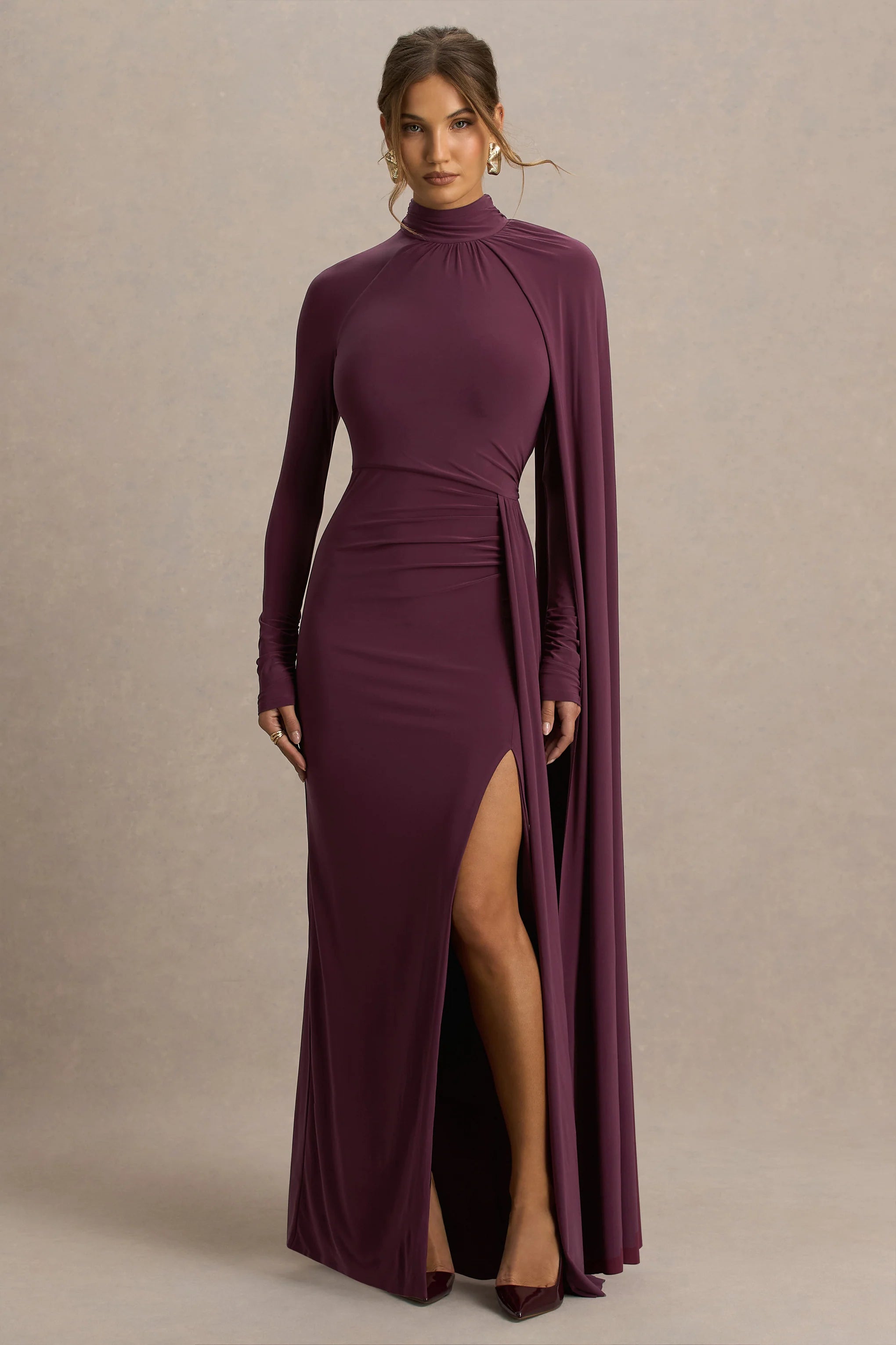 Anticipation Burgundy High Neck Maxi Dress With Front Split And Ruched Detailing