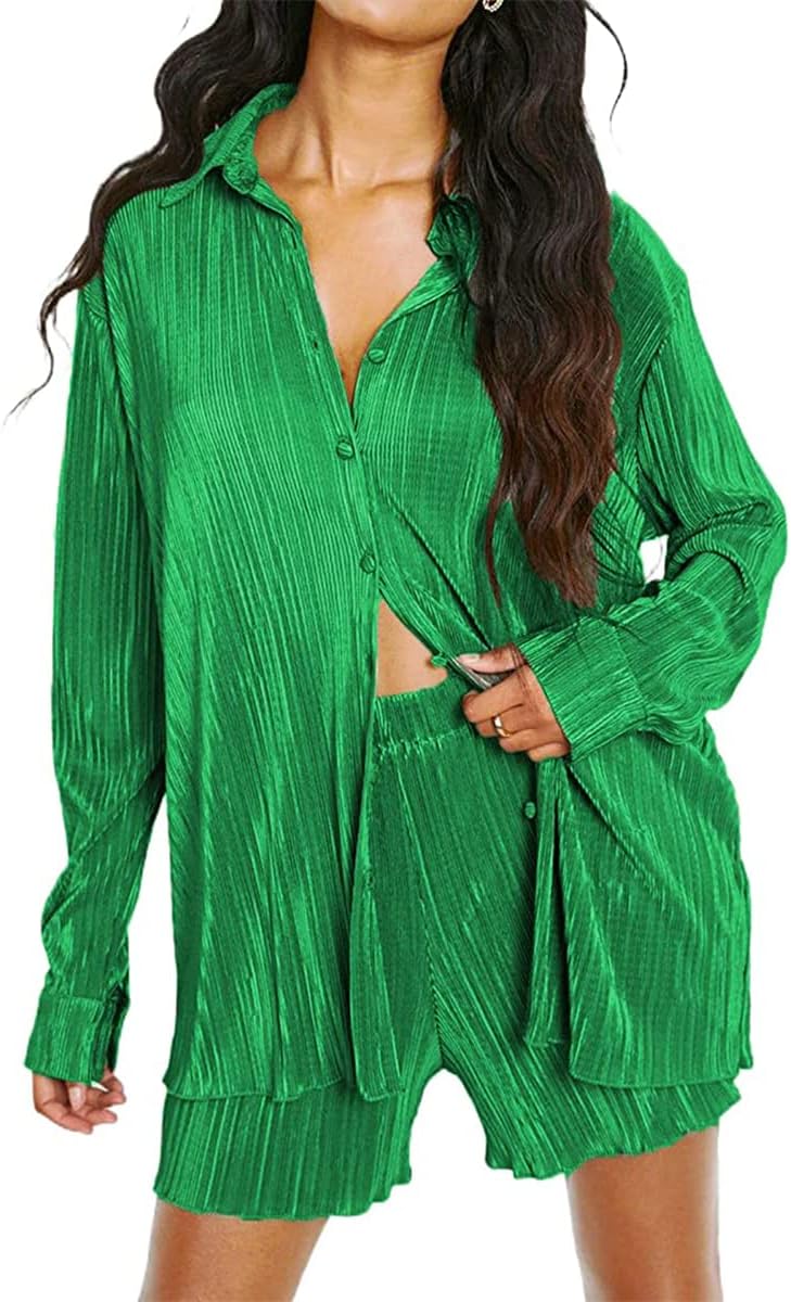 Pleated 2 Piece Outfits for Women Long Sleeve Oversized Button Down Shirt Wide Leg Pants Sets Casual Loungewear