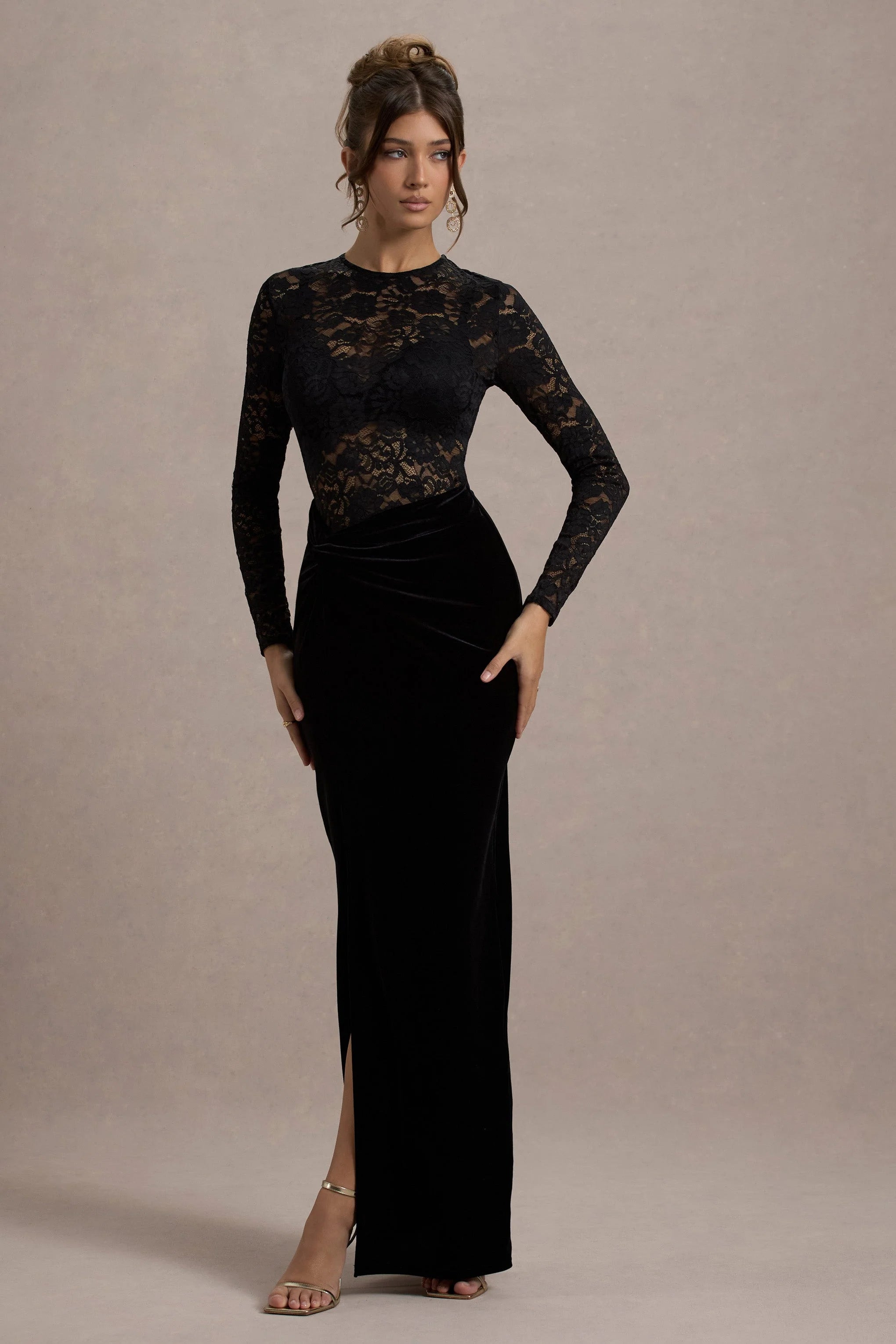 Loving Look Black Lace Long Sleeve Twisted Split Maxi Dress