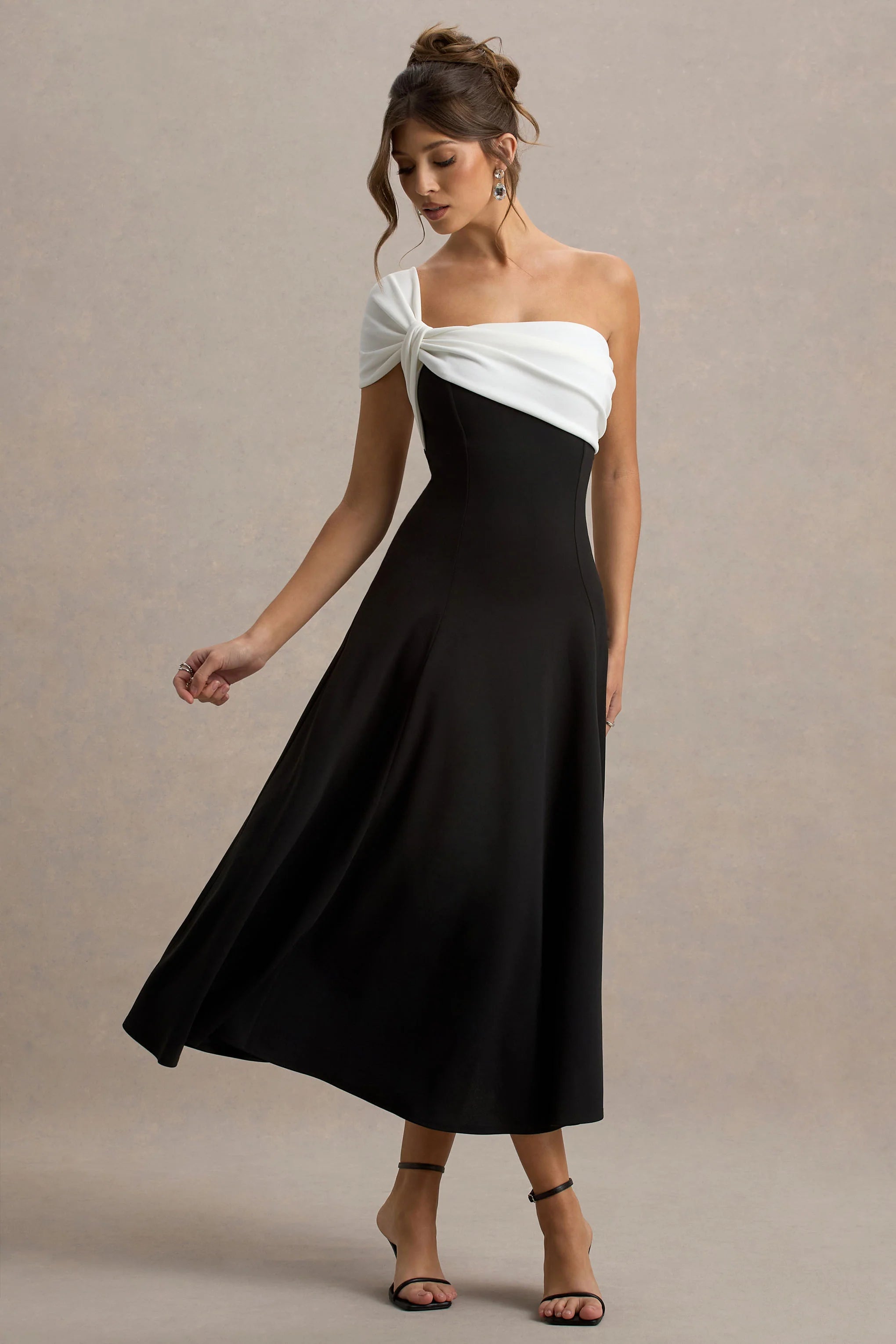 Malta Black White One Shoulder Midi Dress