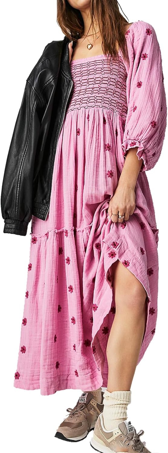 Women Floral Embroidered Maxi Dress Long Puff Sleeve Square Neck Bohemian Flowy Dress with Pockets Summer Fall