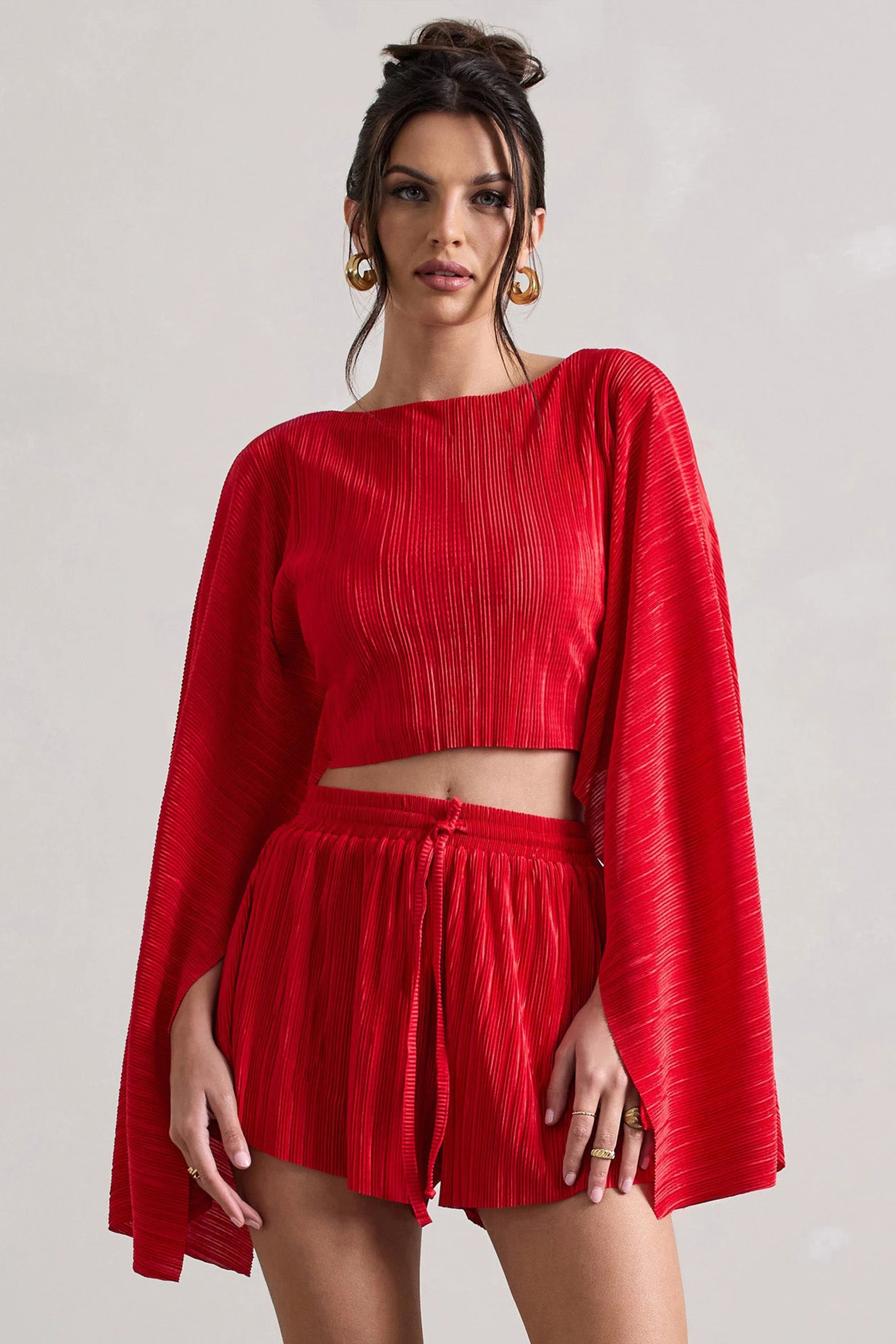 Flare Red Plisse Cape Sleeve Crop Top