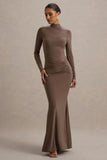 Reid Brown Long Sleeve Gathered Maxi Dress