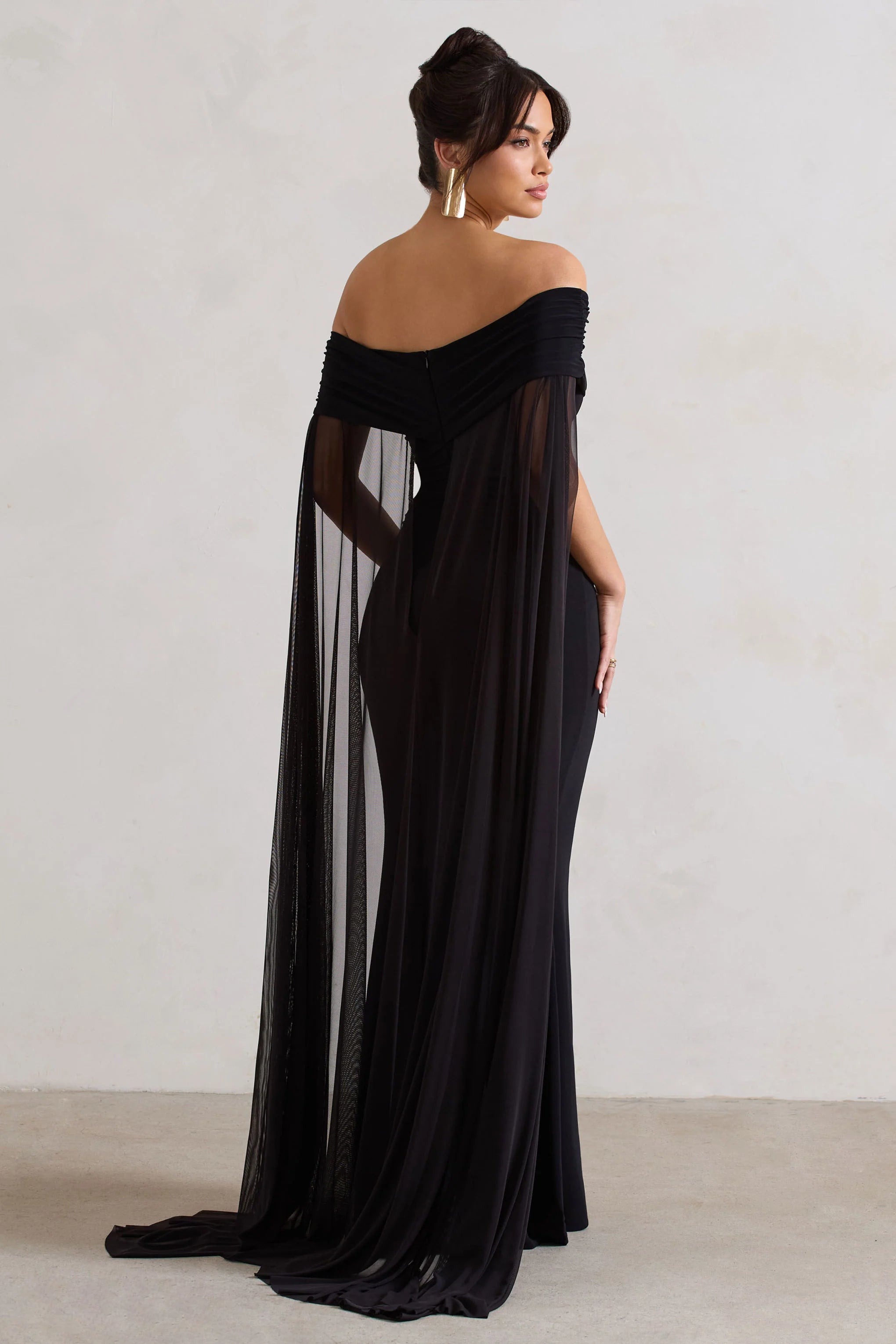 Carlotta Black Bardot Maxi Dress With Chiffon Cape