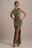 Cleopatra Gold Sequin Split Maxi Dress
